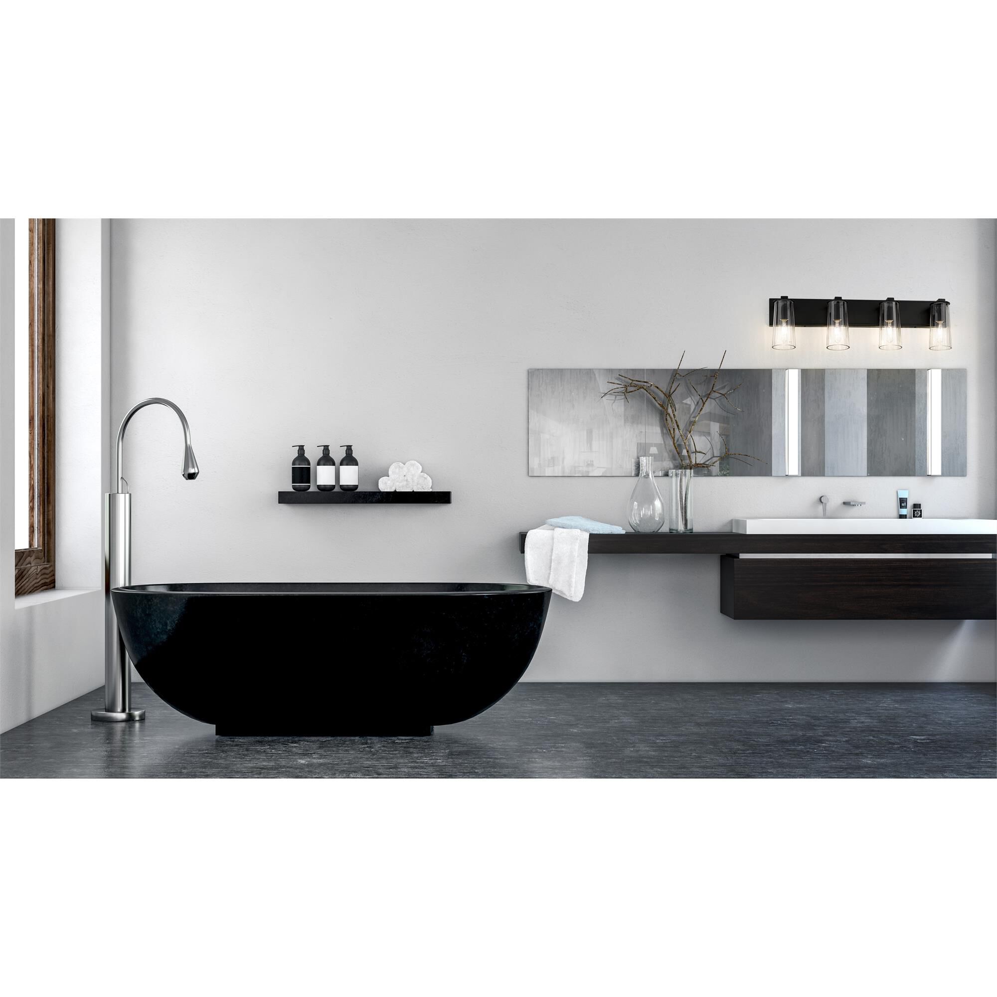 Shown in Matte Black finish and Clear glass and Clear shade