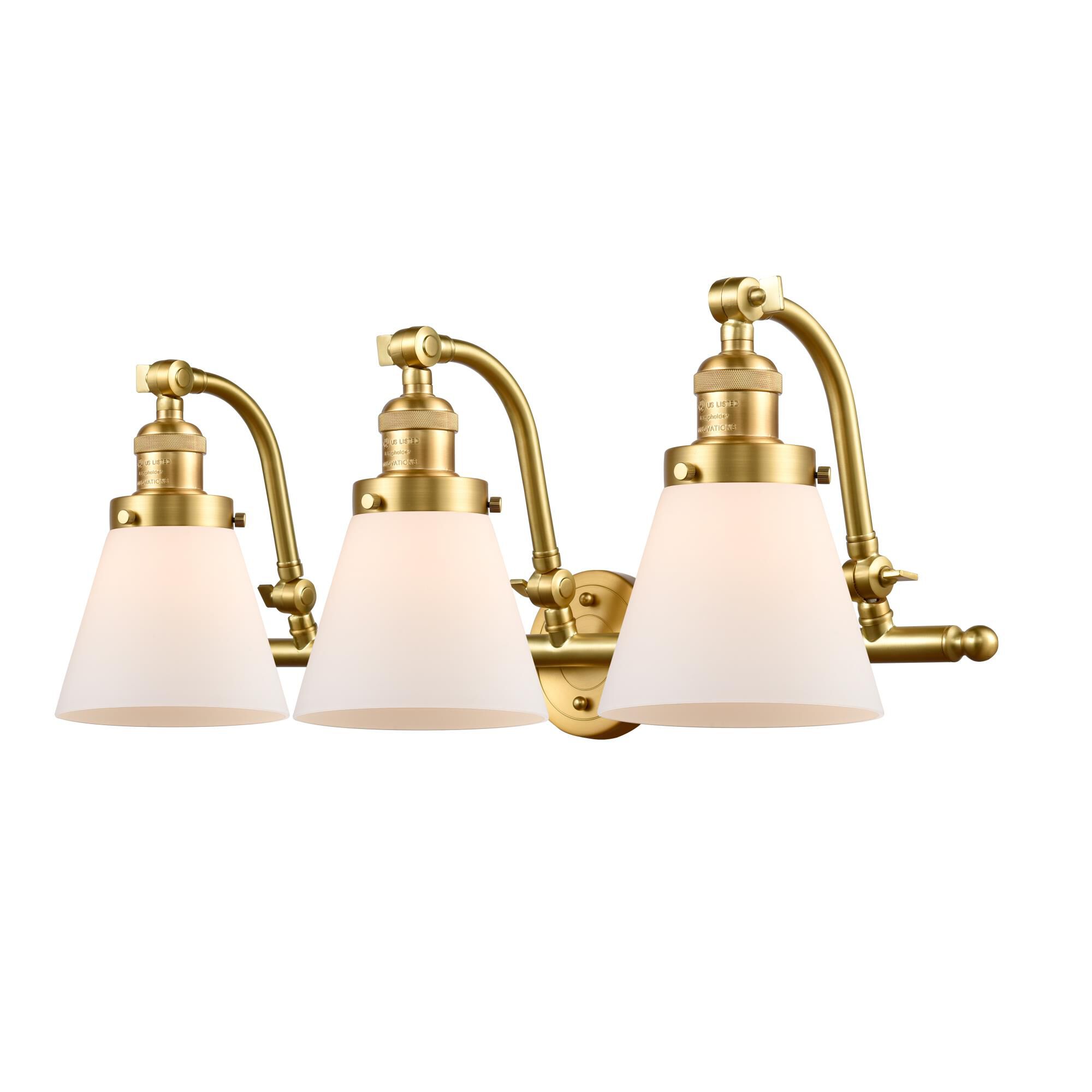 Shown in Satin Gold finish and Matte White Cased Small Cone glass