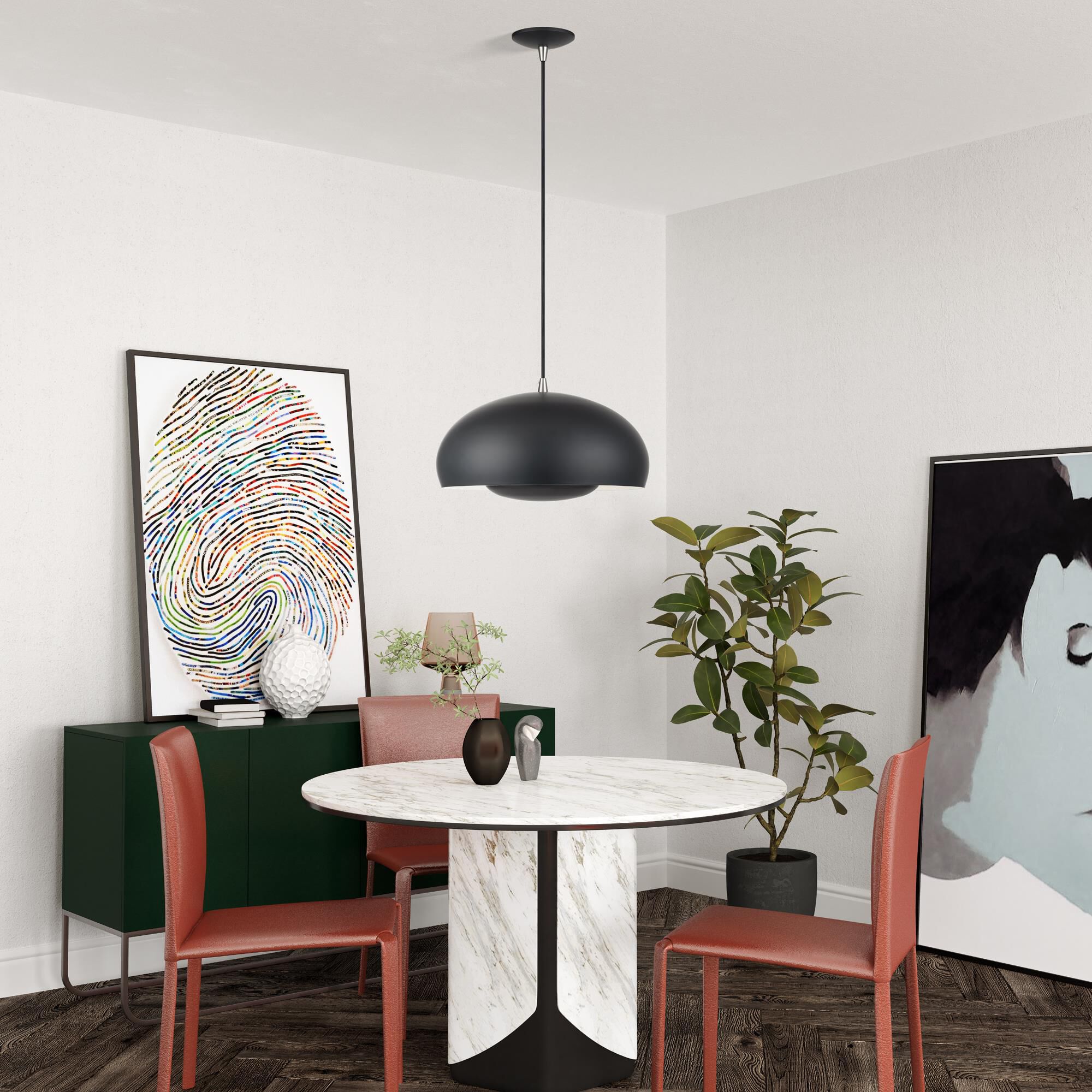 Shown in Black with Brushed Nickel Accents finish and Black Steel with Shiny White Inside shade