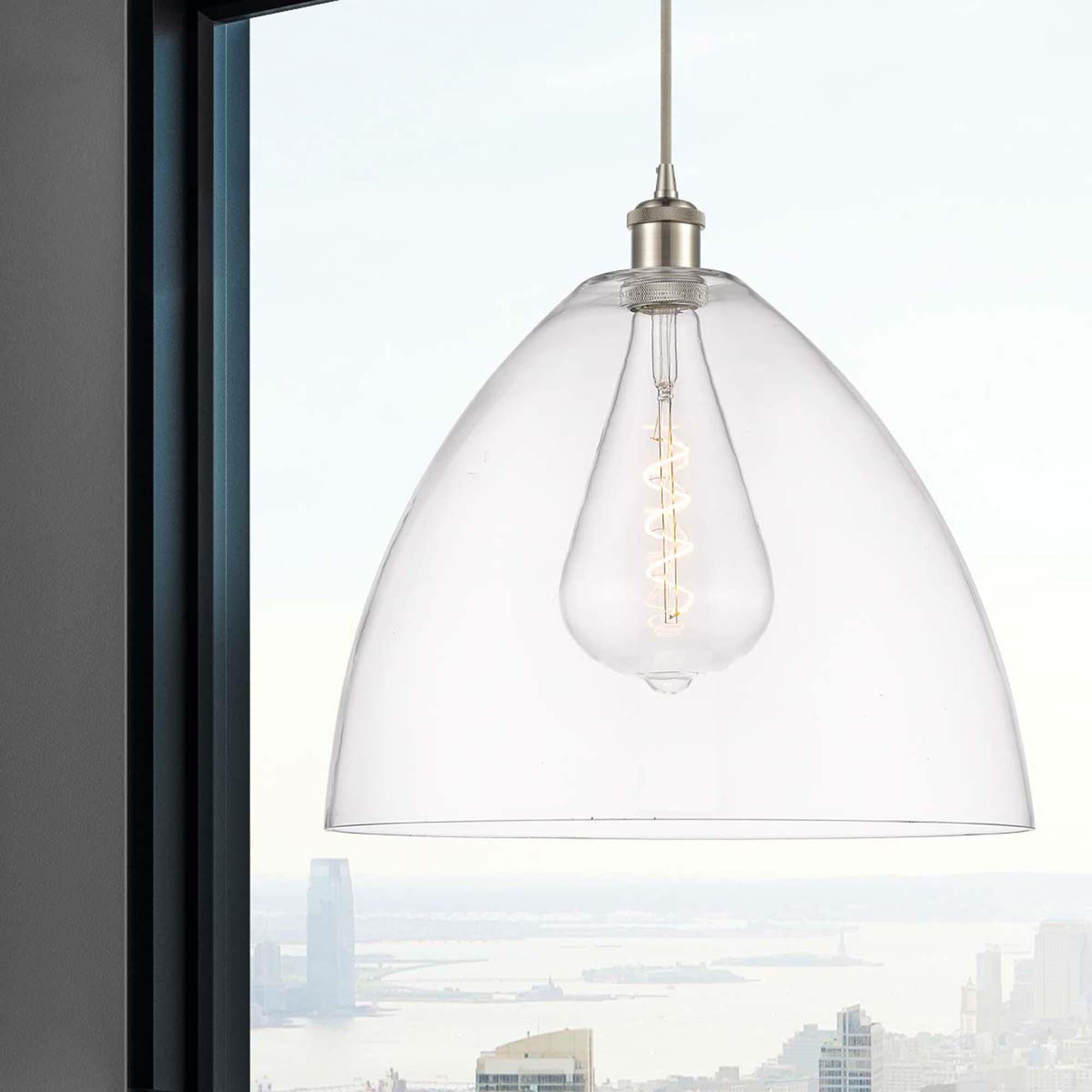Shown in Brushed Satin Nickel finish and Cased Matte White glass