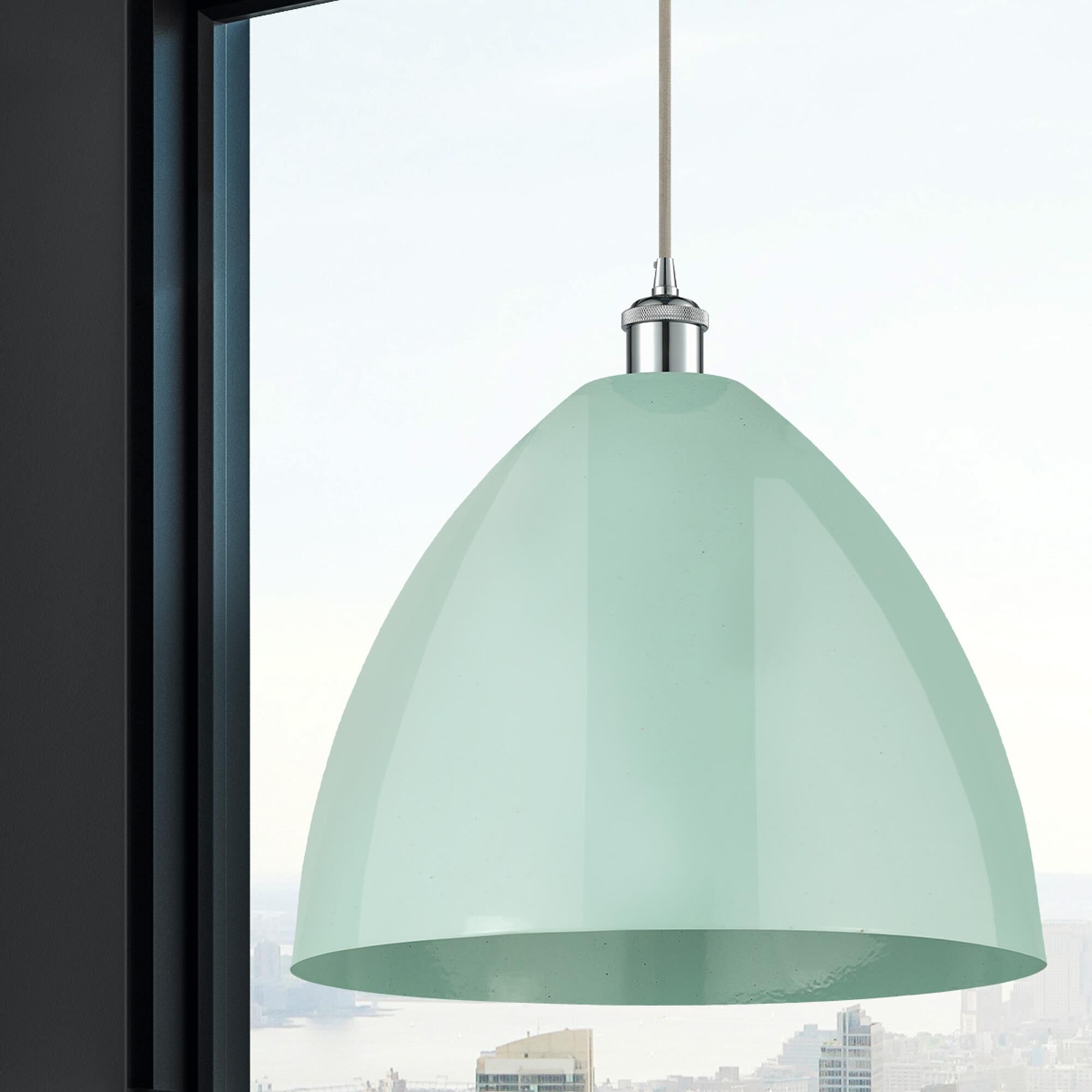 Shown in Polished Chrome finish and Seafoam Plymouth Dome shade