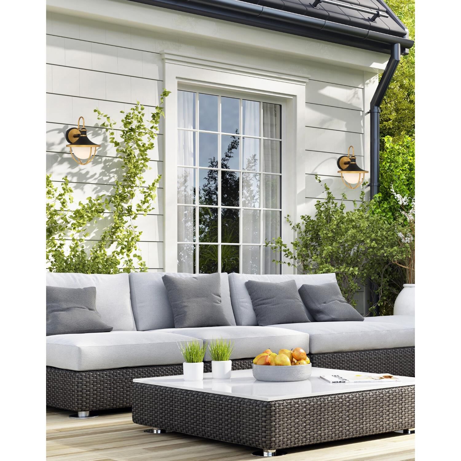 Shown in Matte Black + Textured Gold finish and White glass