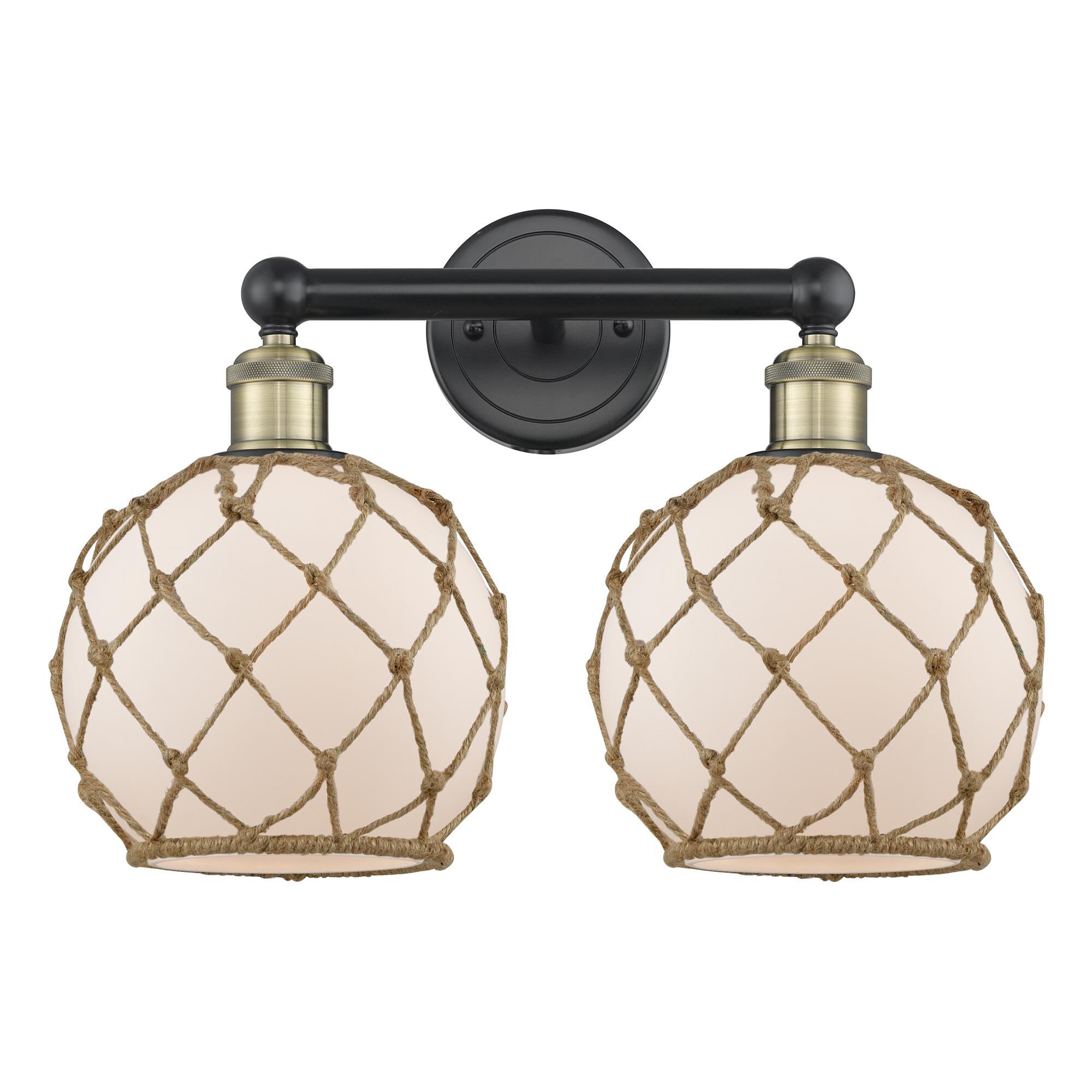 Shown in Black Antique Brass finish and White with Brown Rope glass