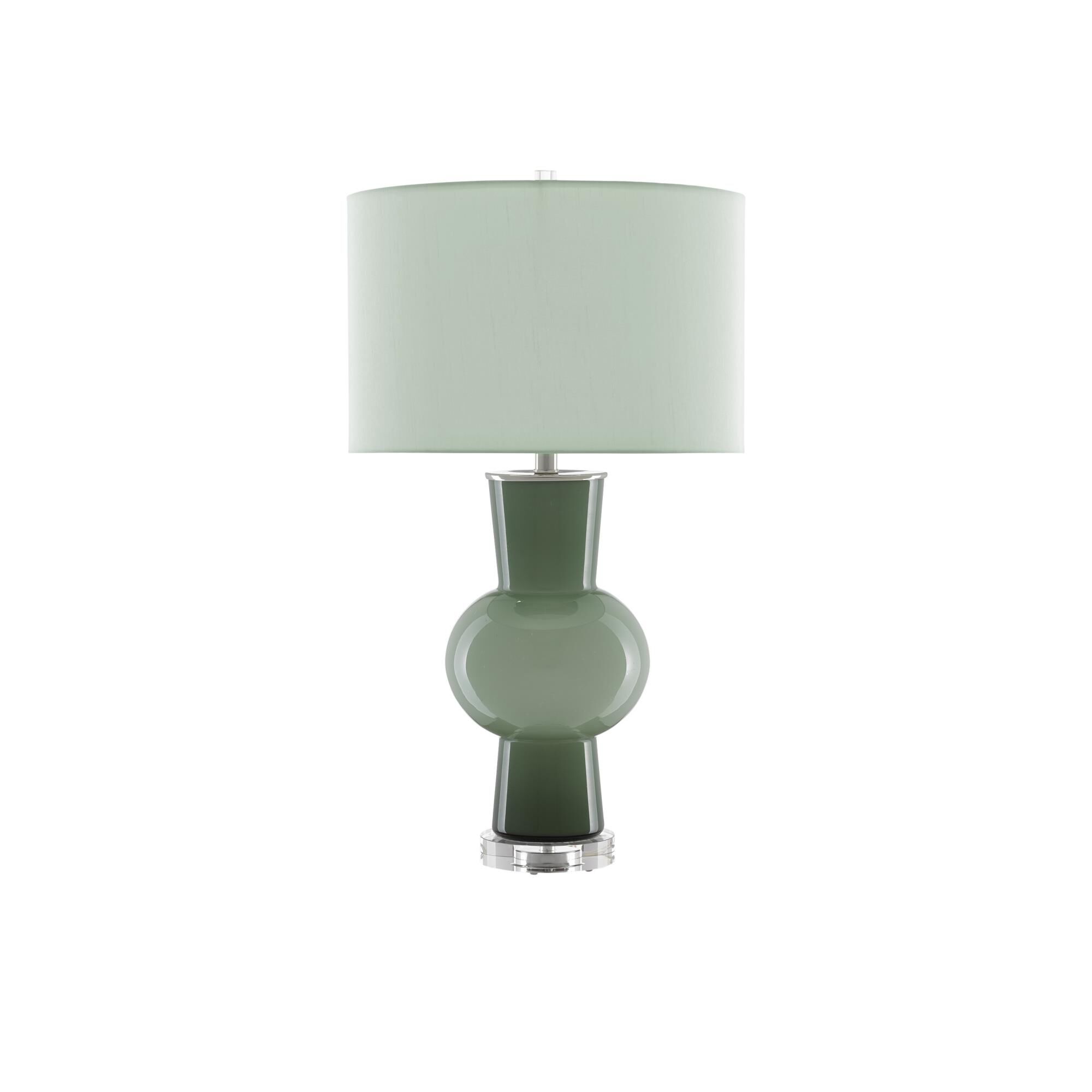 Shown in Light And Dark Green - Polished Nickel - Clear finish and Green Lily Shantung shade