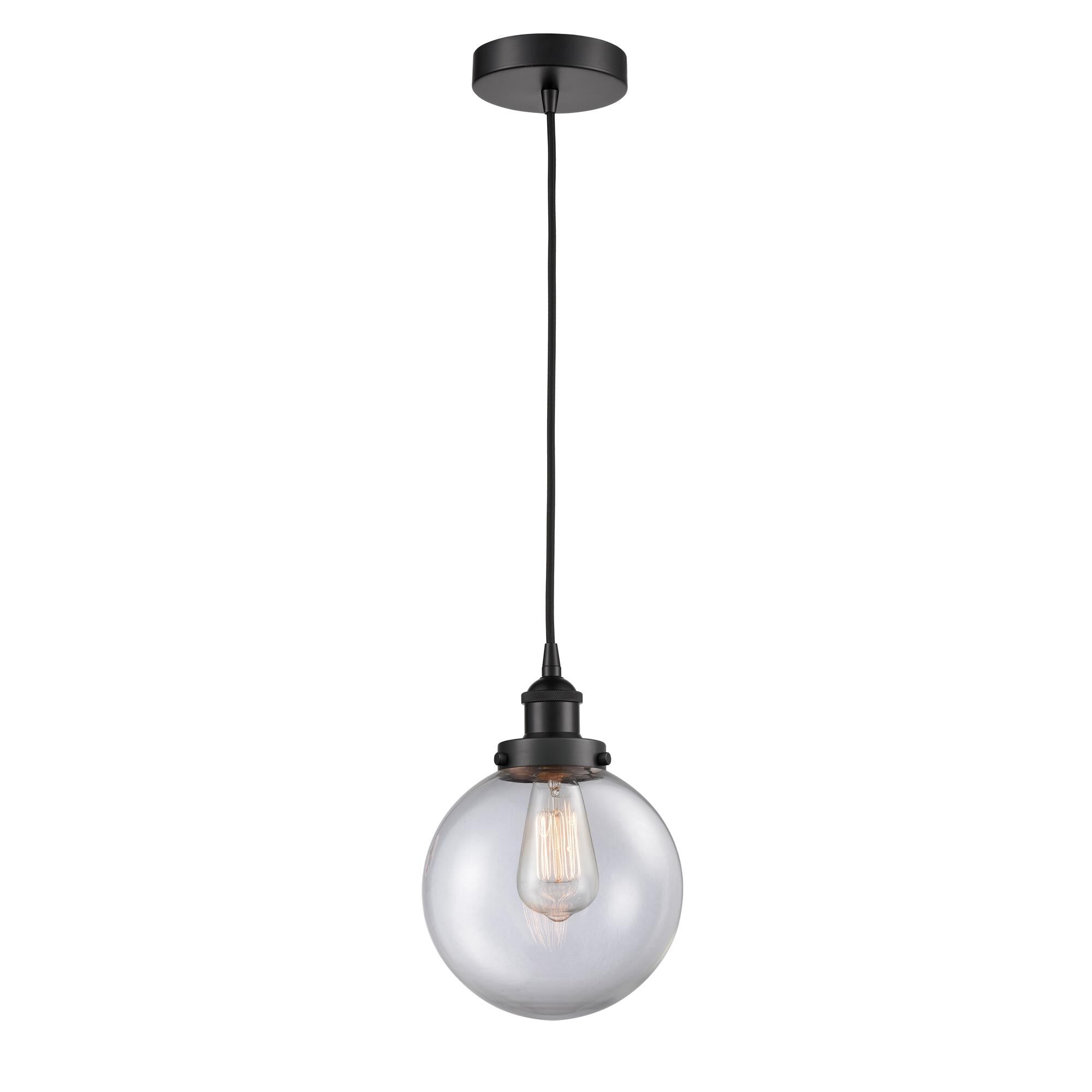 Shown in Matte Black finish and Clear Beacon glass