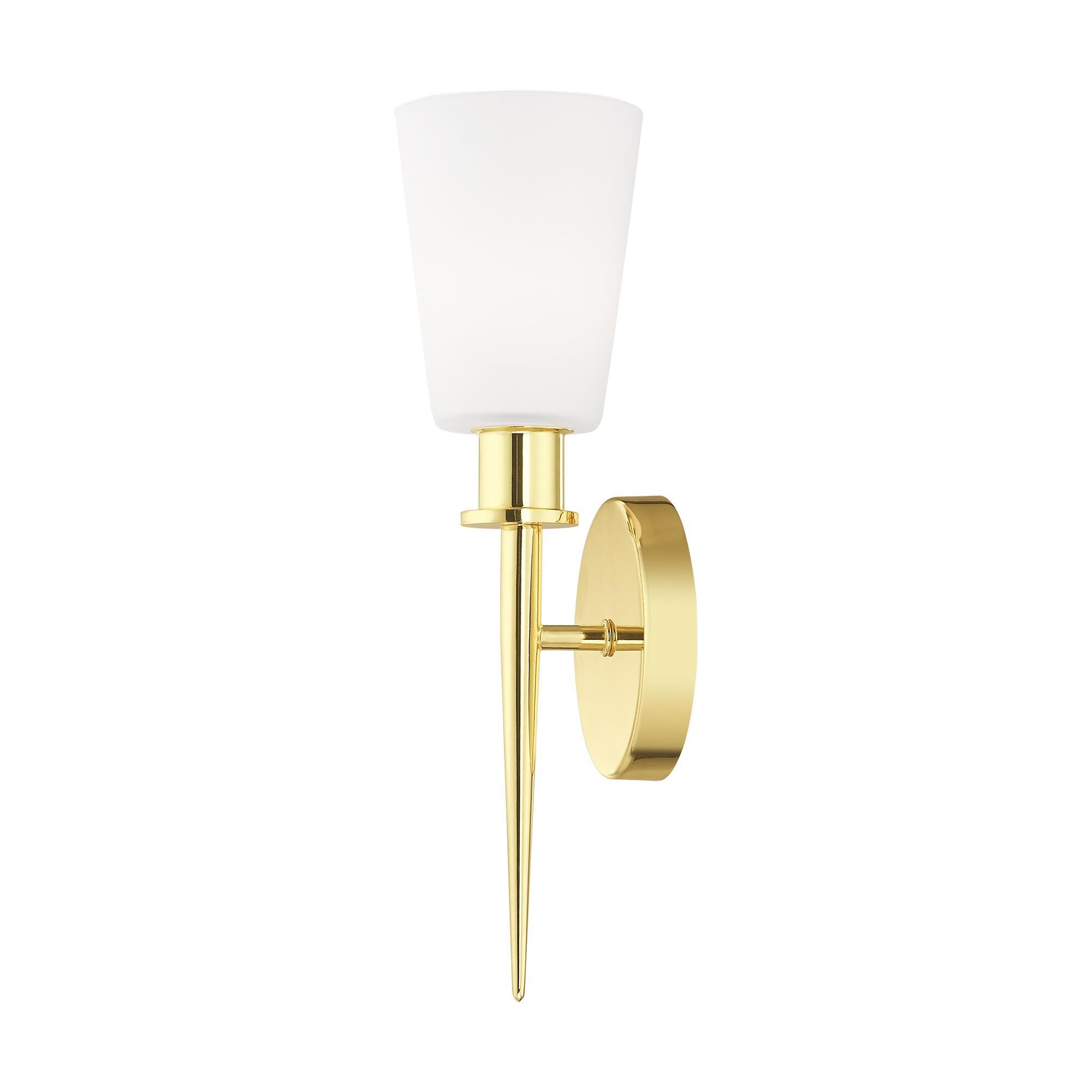 Shown in Polished Brass finish and Hand Blown Opal White glass