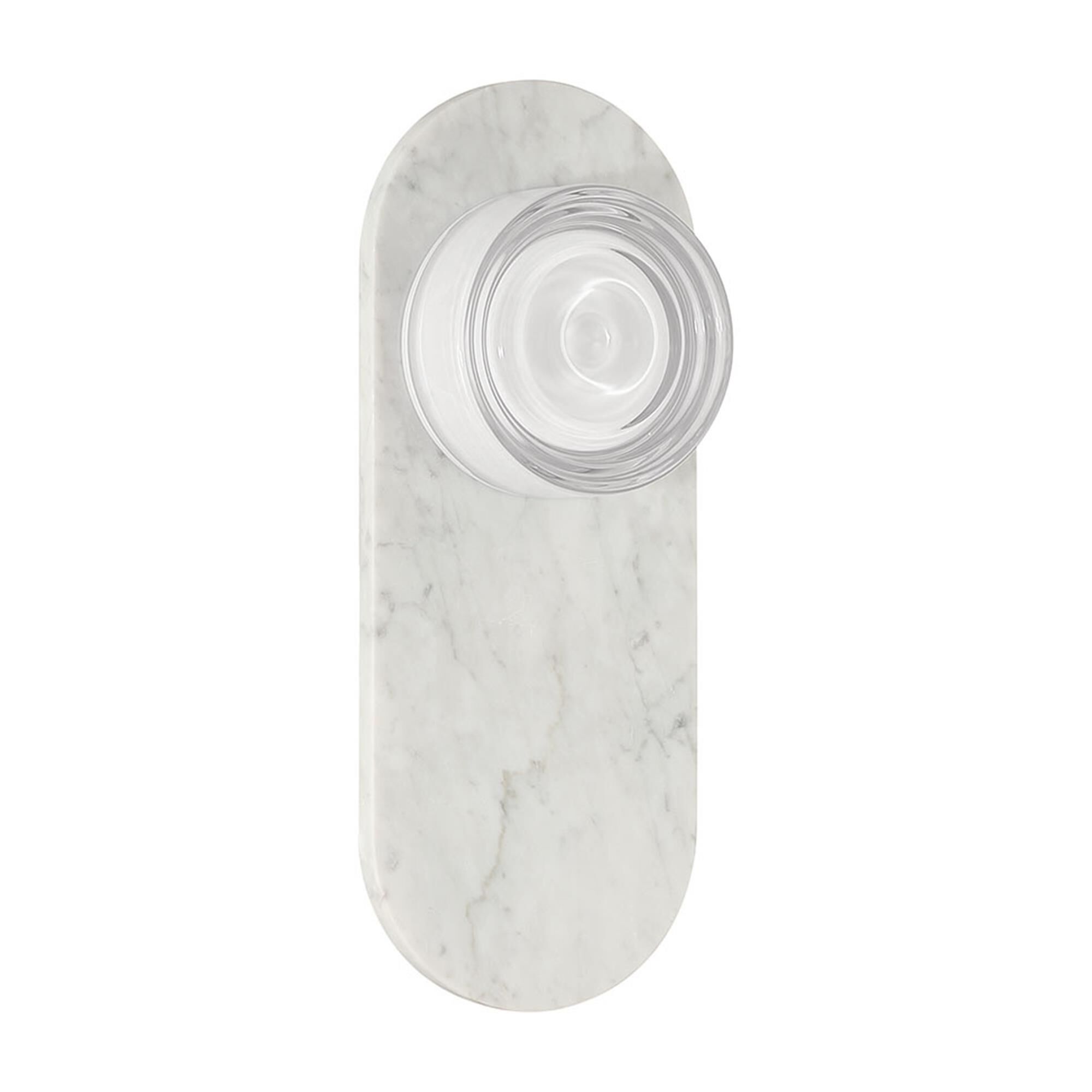 Shown in Marble White finish and Clear Wave glass