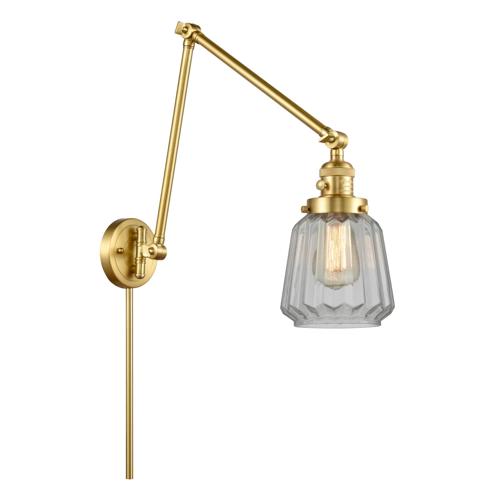 Shown in Satin Gold finish and Clear Chatham glass