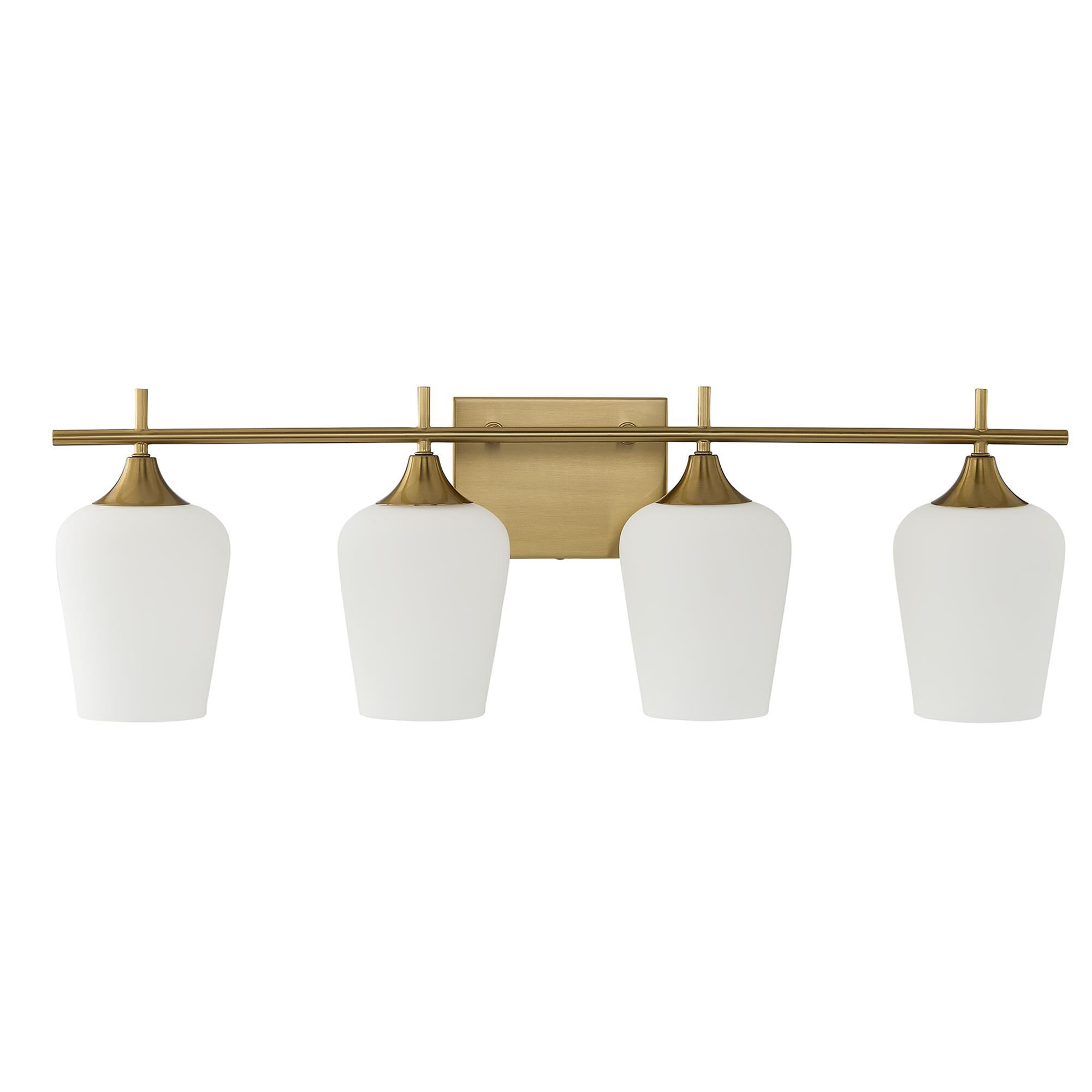 Shown in Warm Brass finish and White Opal glass