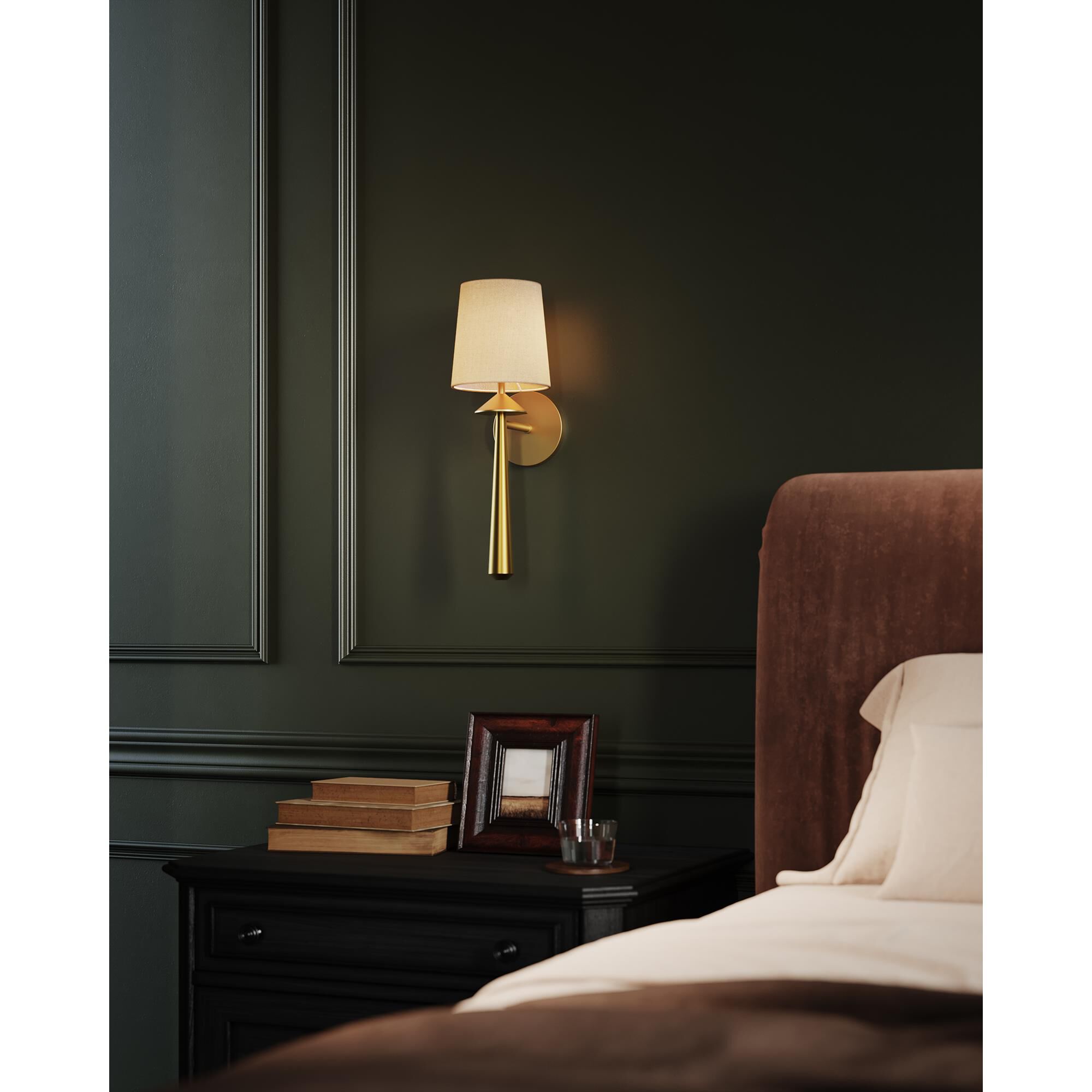 Shown in Brushed Gold finish and White Acrylic Diffuser glass and White Linen shade