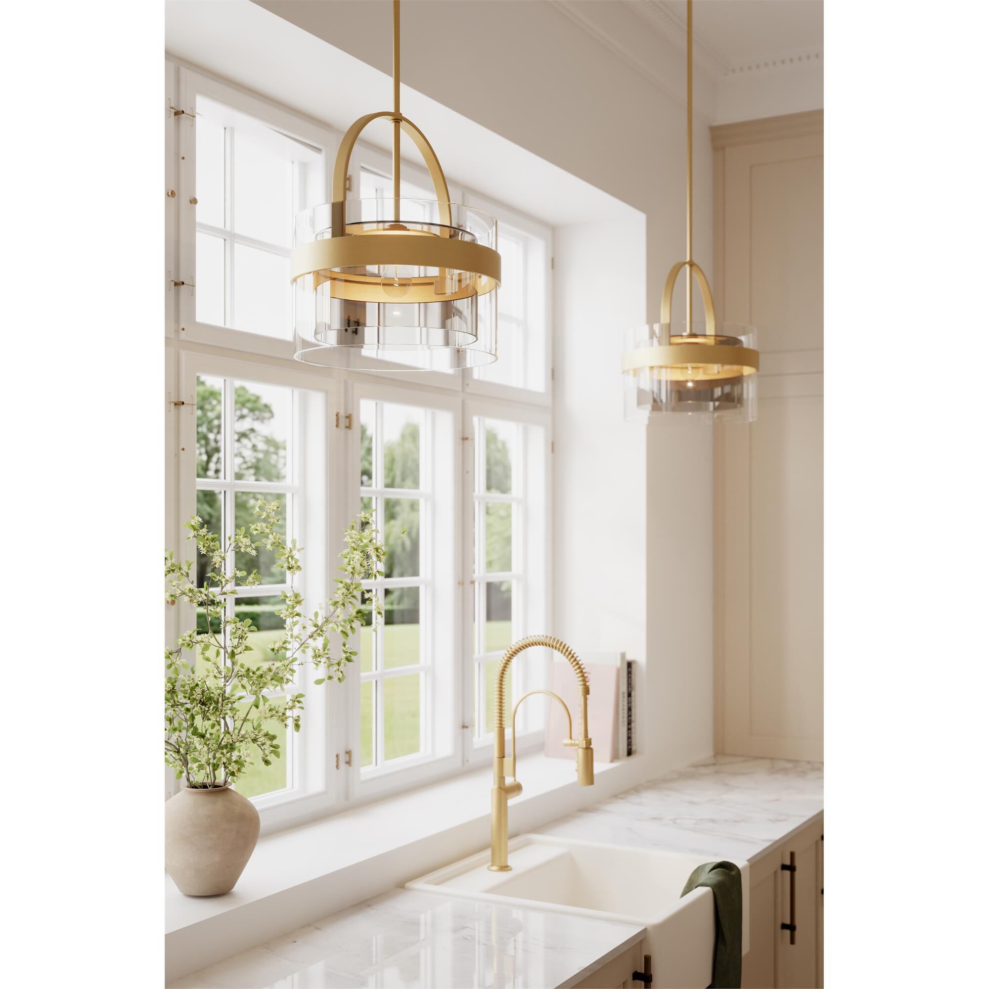 Shown in Legacy Brass finish and Clear and Grey glass