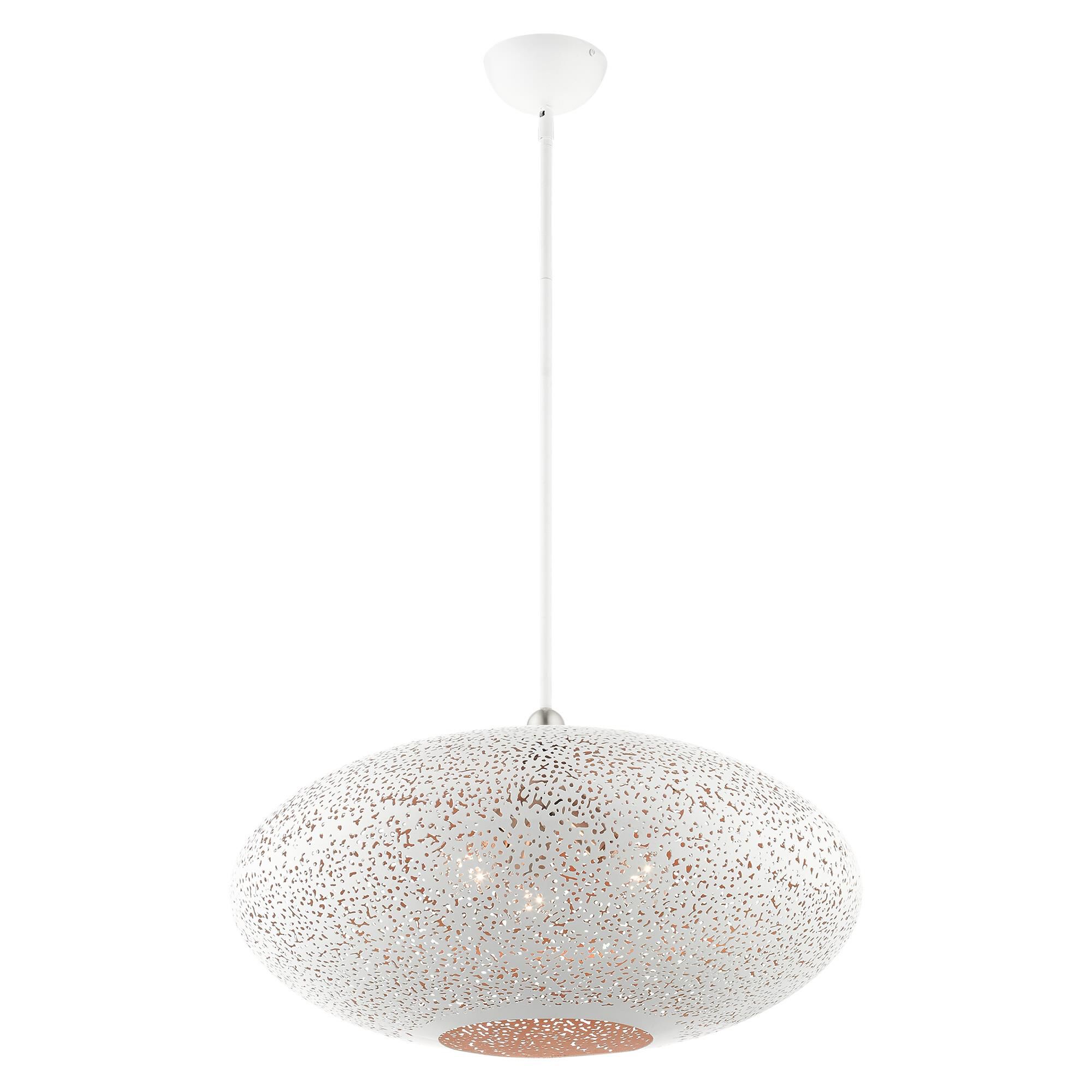 Shown in White With Brushed Nickel Accents finish and White Filigreed Metal Shade With Gold Finish Inside glass and White Filigreed Metal  With Gold Finish Inside shade