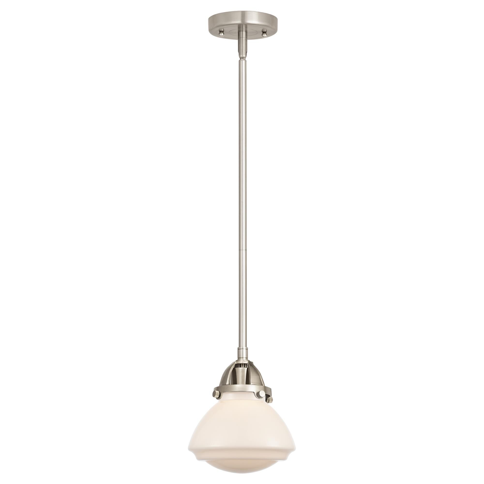 Shown in Brushed Satin Nickel finish and Matte White glass