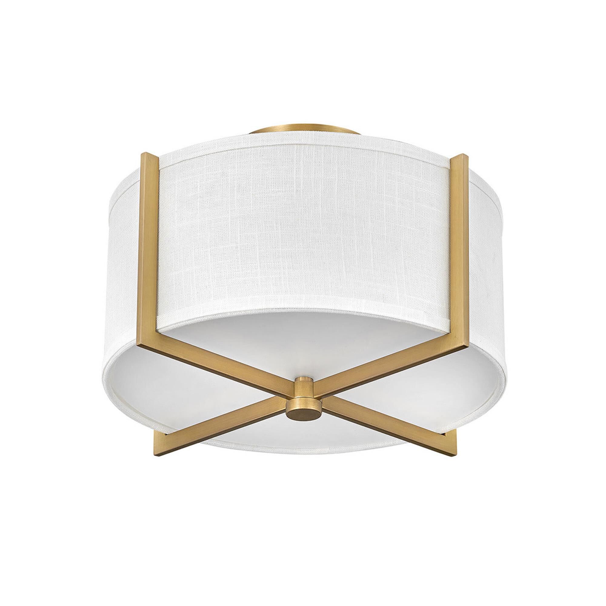 Shown in Heritage Brass finish and Off White Linen shade