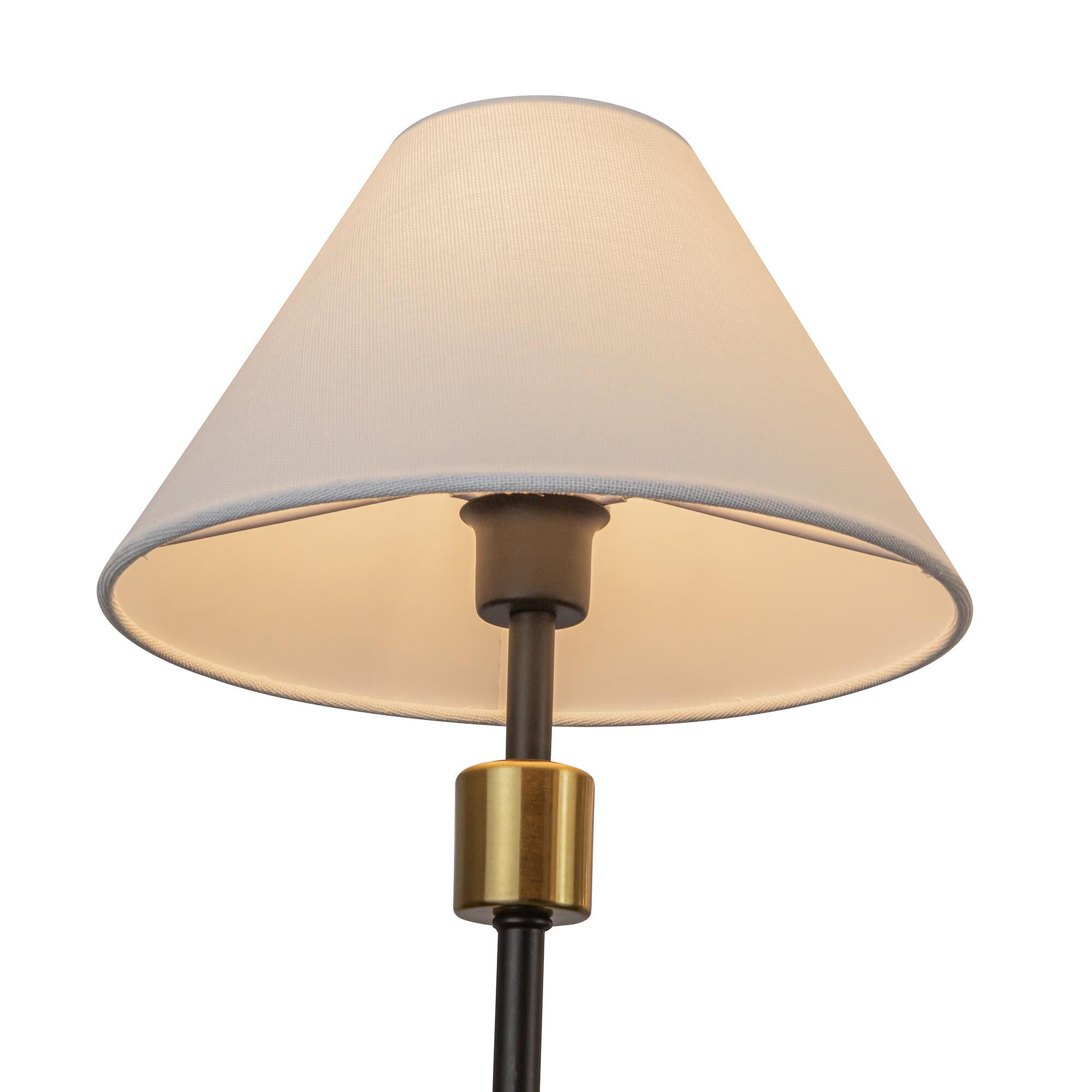 Shown in Black and Brushed Brass finish and Hardback Linen Fabric shade