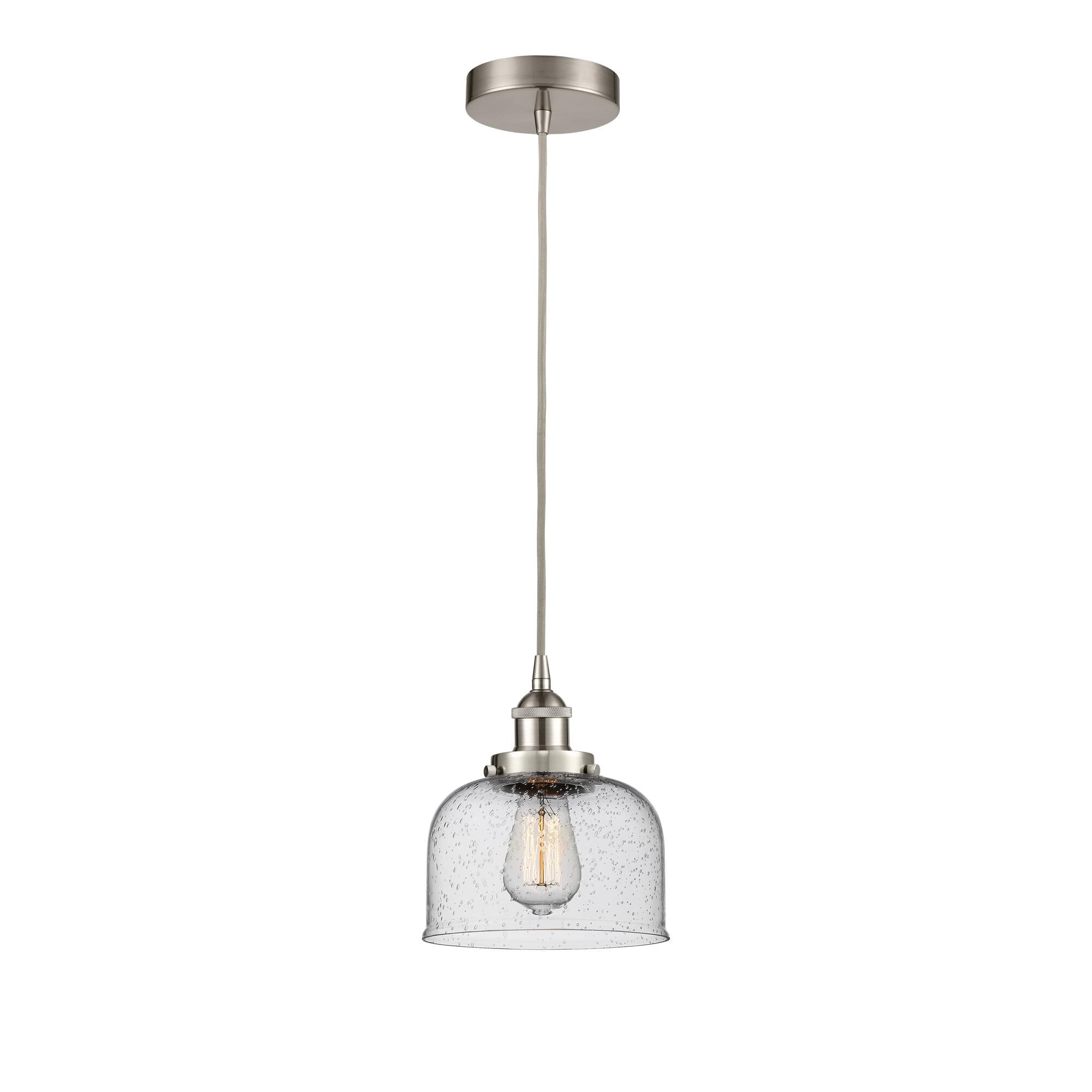 Shown in Brushed Satin Nickel finish and Seedy Large Bell glass