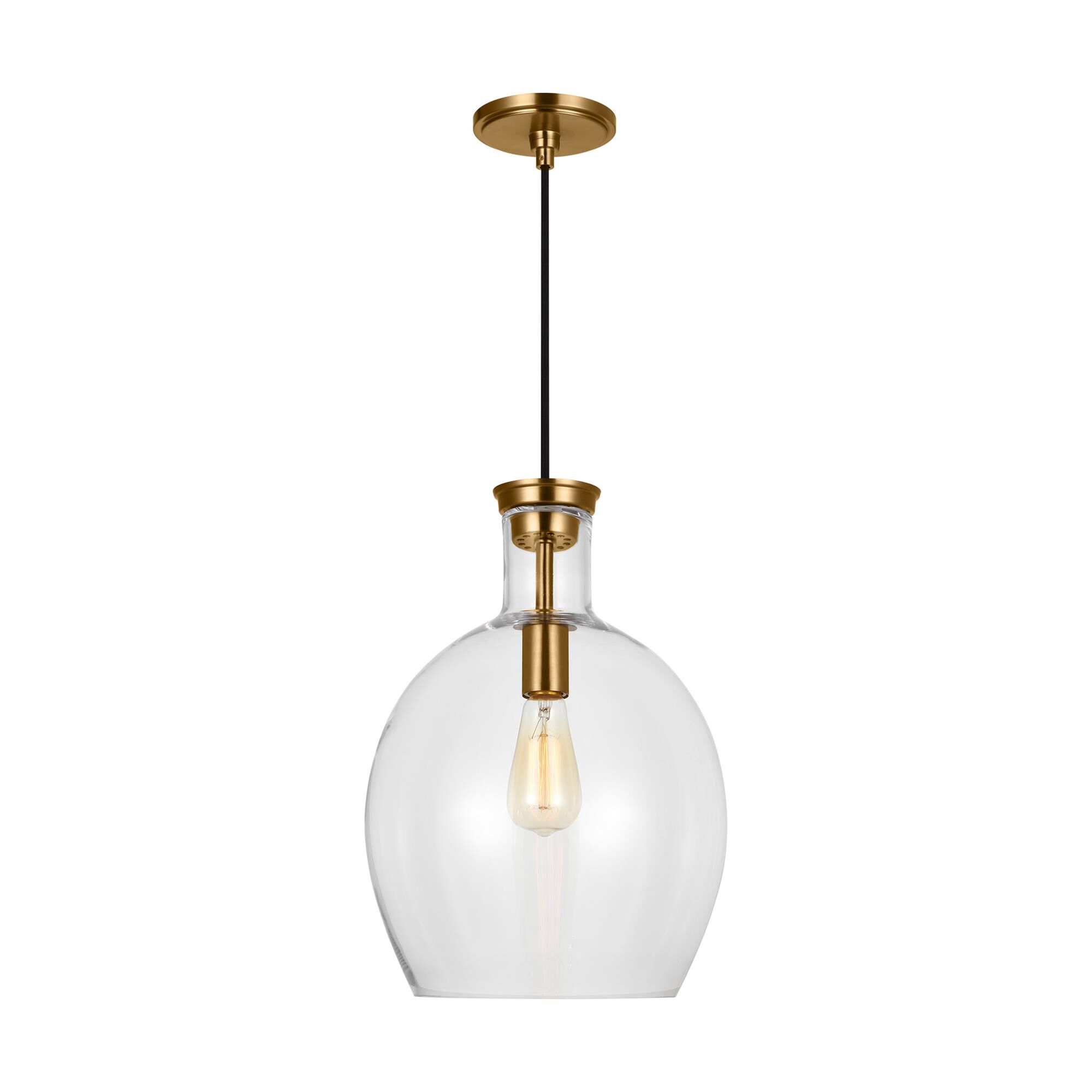 Shown in Burnished Brass finish and Clear Glass shade