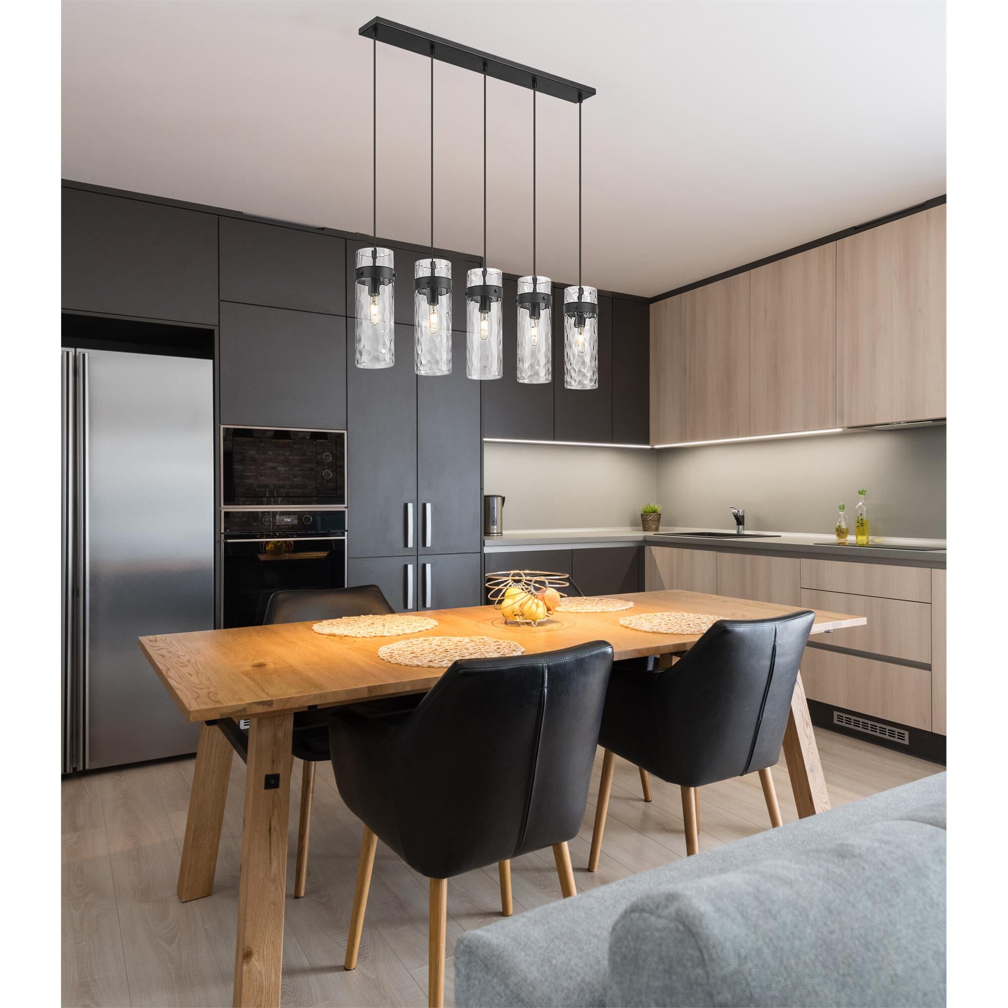 Shown in Matte Black finish and Clear Water glass and Clear Water shade