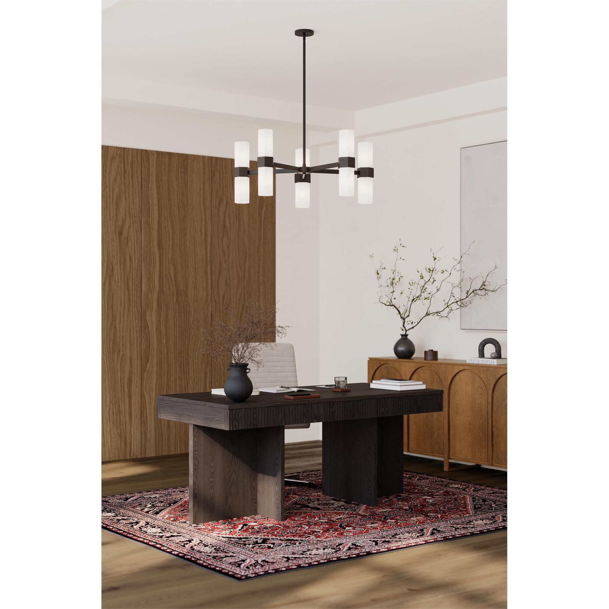 Shown in Dark Matte Black finish and Etched Opal glass