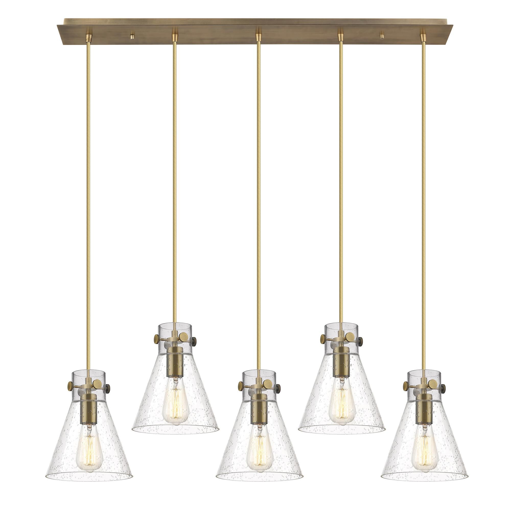 Shown in Brushed Brass finish and Seedy glass and Seedy Glass shade