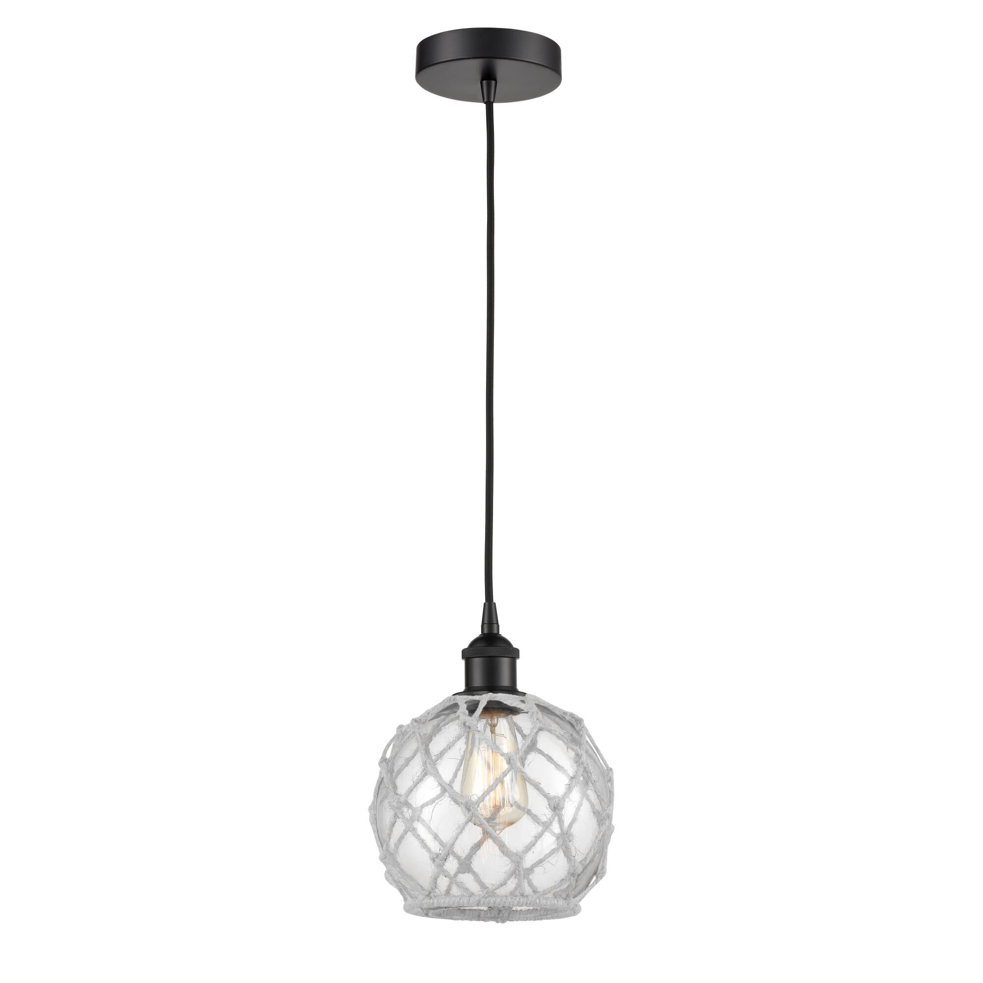 Shown in Matte Black finish and Clear Farmhouse With White Rope glass
