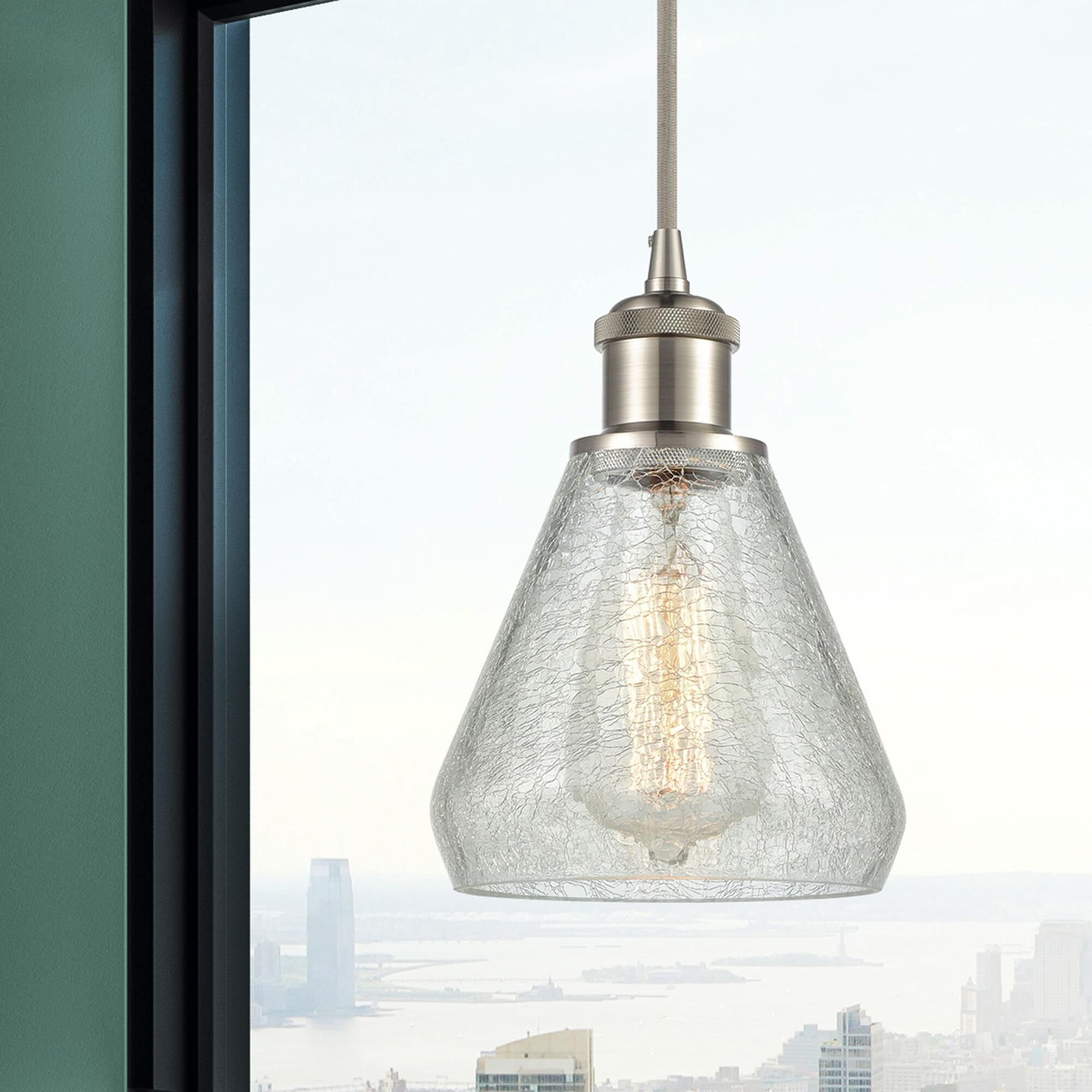 Shown in Brushed Satin Nickel finish and Clear Crackle glass