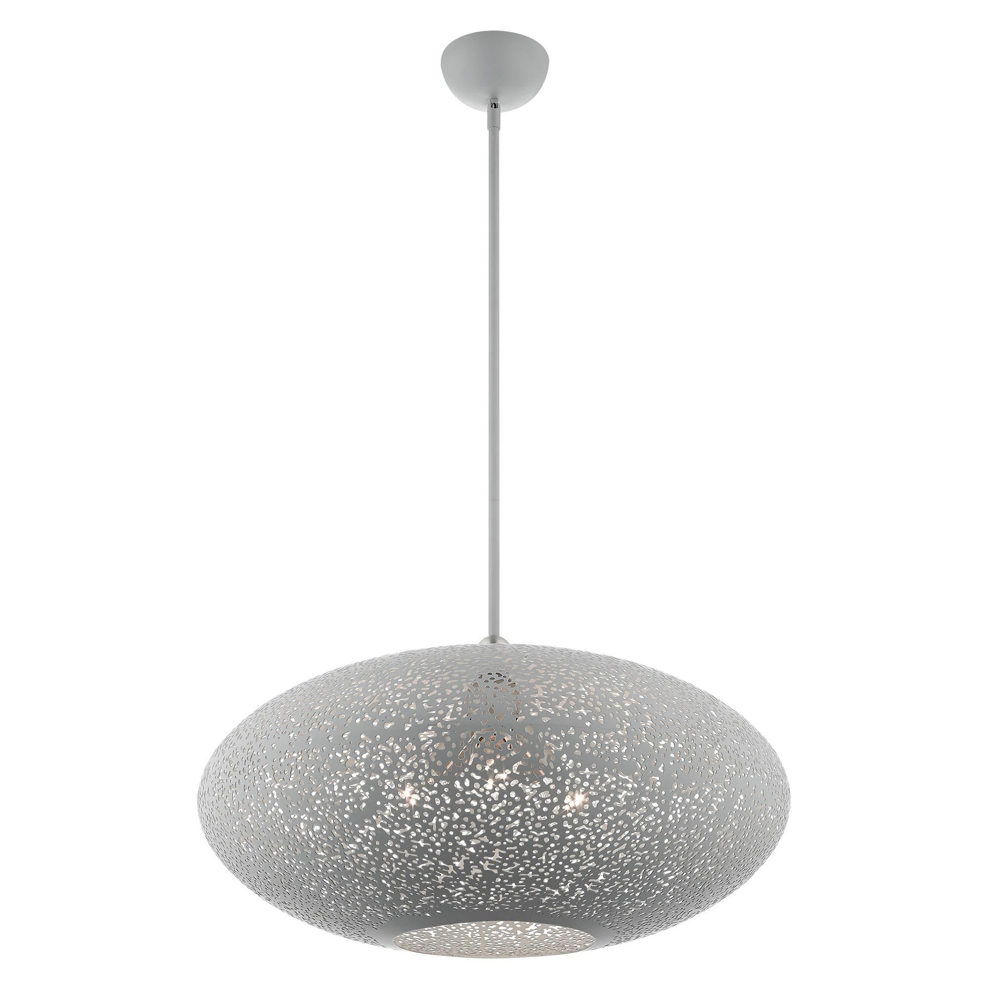 Shown in Nordic Gray With Brushed Nickel Accents finish and Nordic Gray Filigreed Metal Shade With White Finish Inside glass and Nordic Gray Filigreed Metal  With White Finish Inside shade