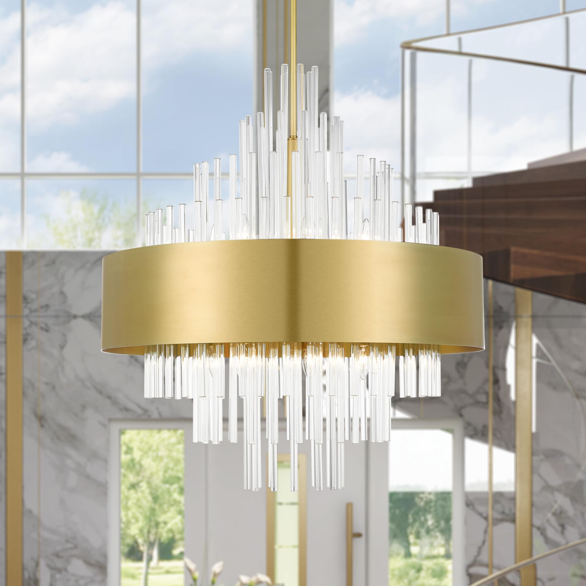 Shown in Natural Brass finish and Clear Crystal Rods glass