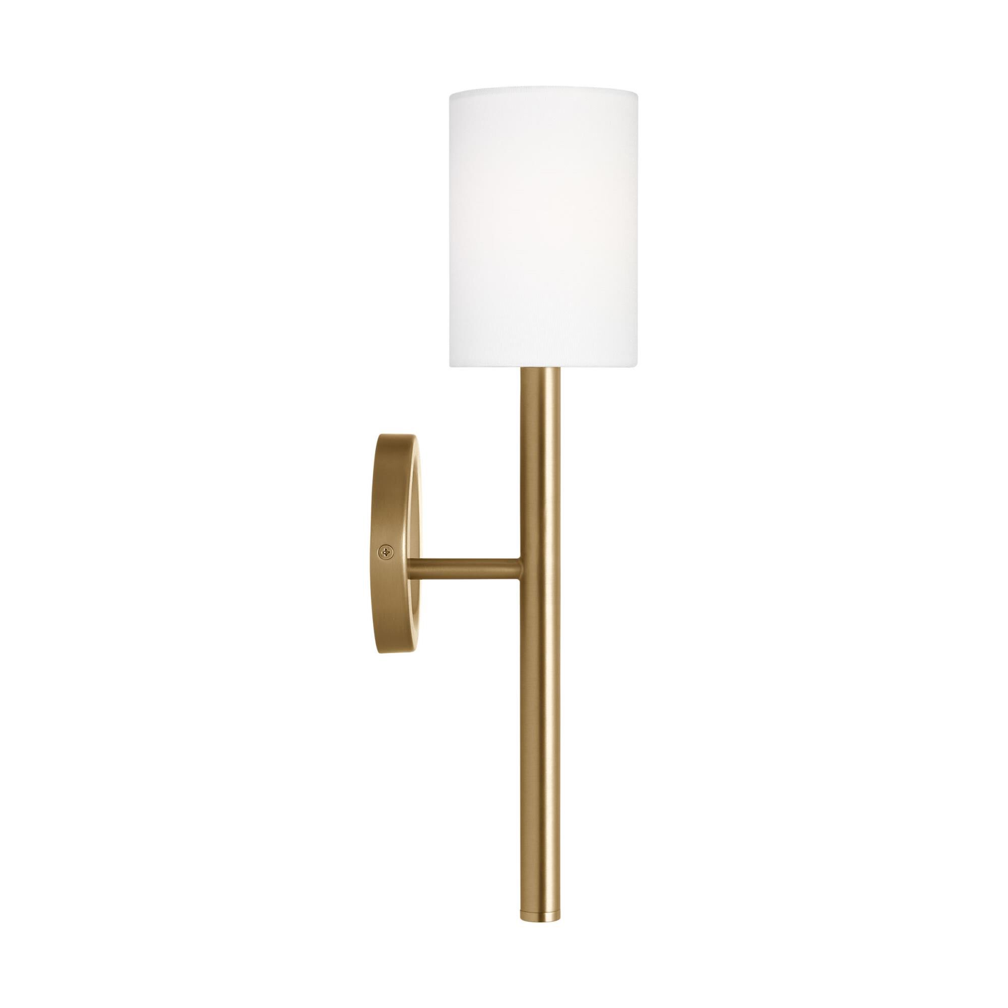 Shown in Satin Brass finish and White Linen shade