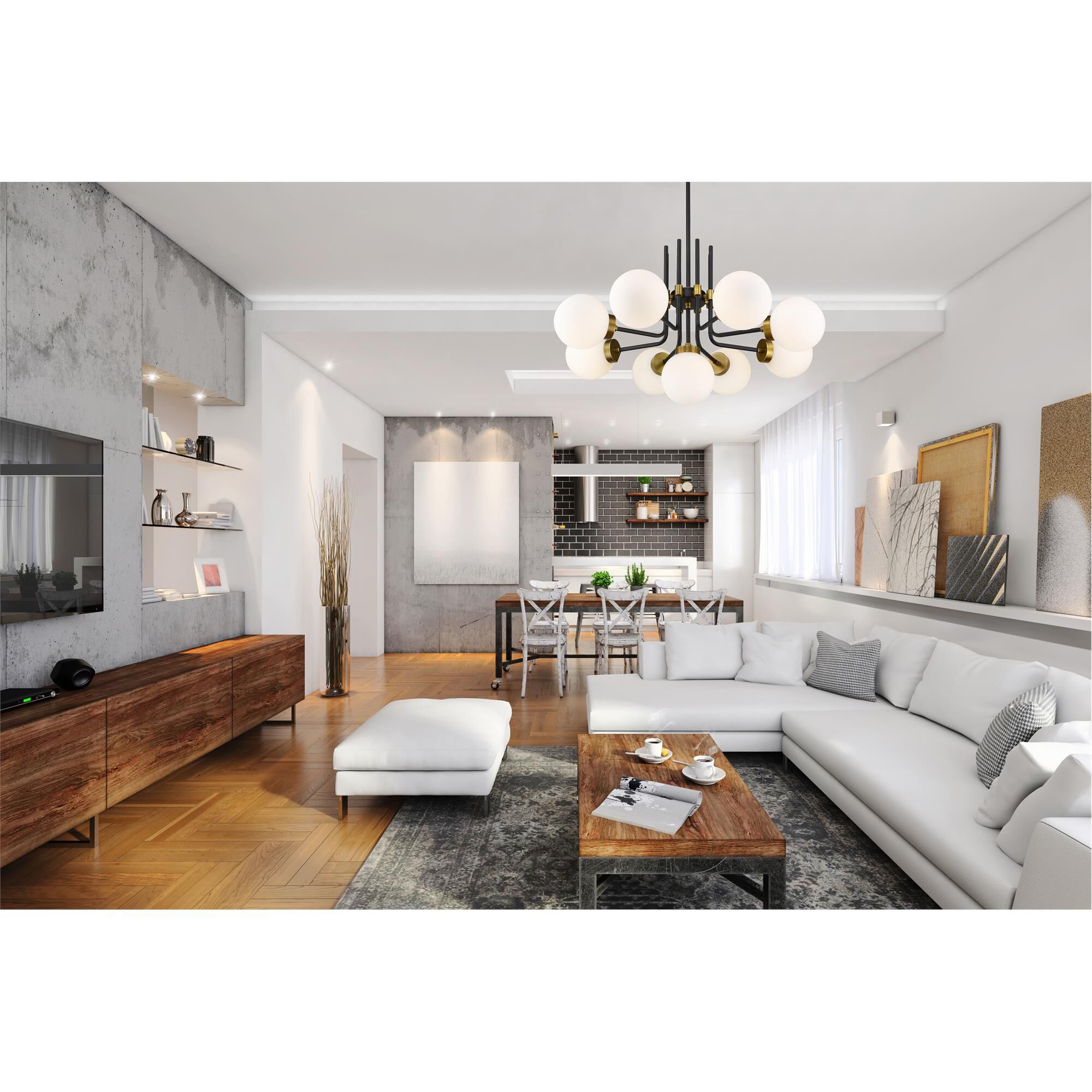 Shown in Matte Black + Olde Brass finish and Glass shade