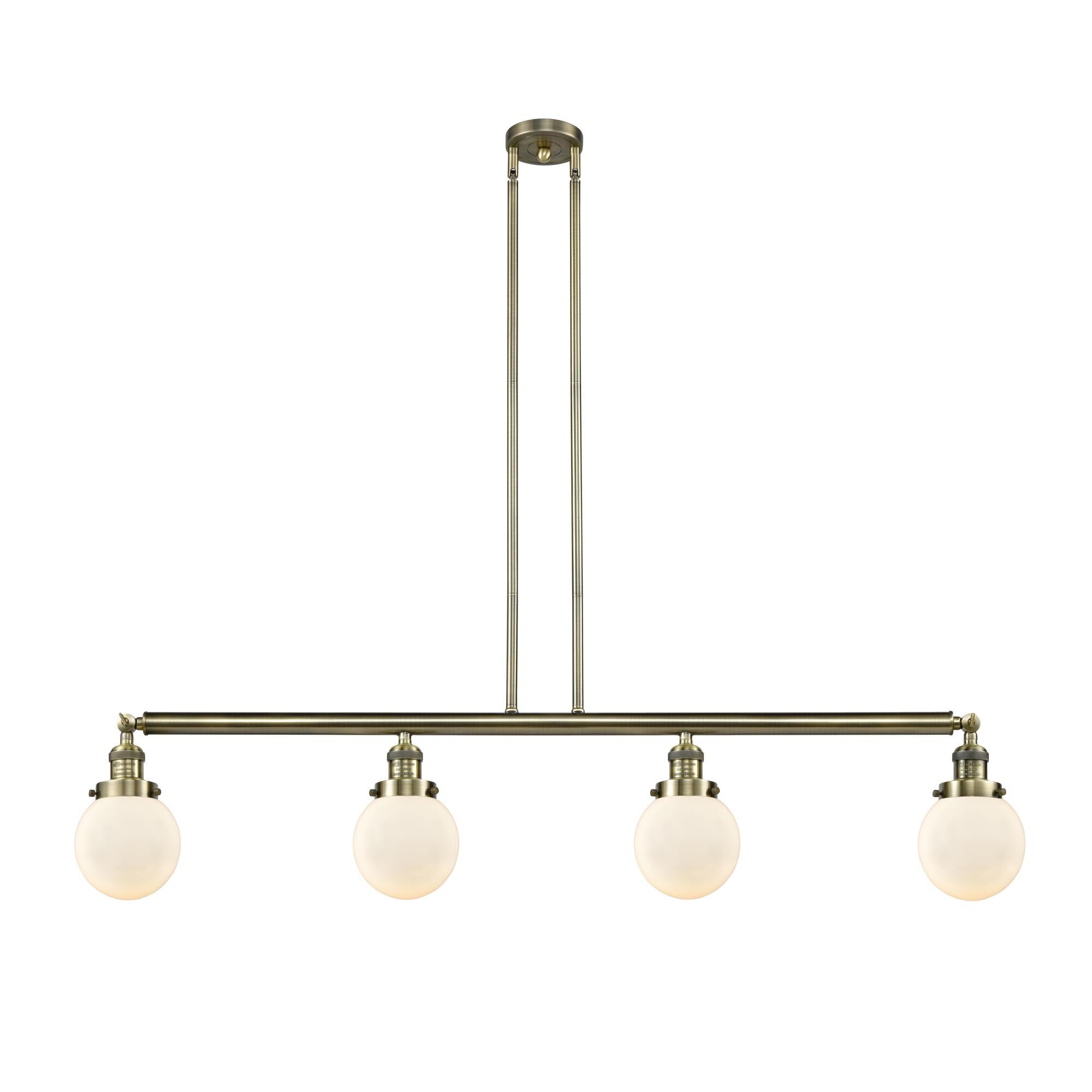 Shown in Antique Brass finish and Matte White Cased Beacon glass and None shade