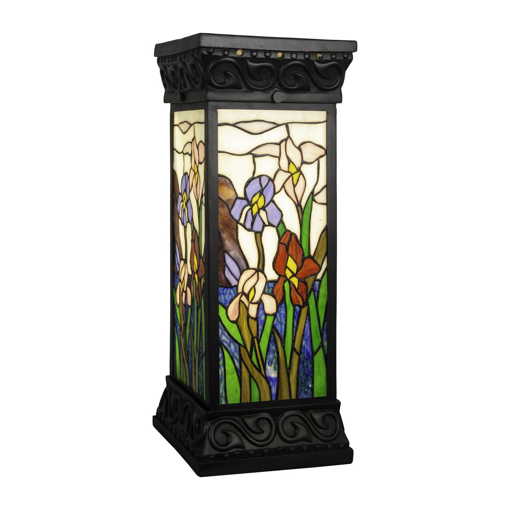Shown in Antique Bronze finish and Hand Rolled Art  (Tiffany) glass