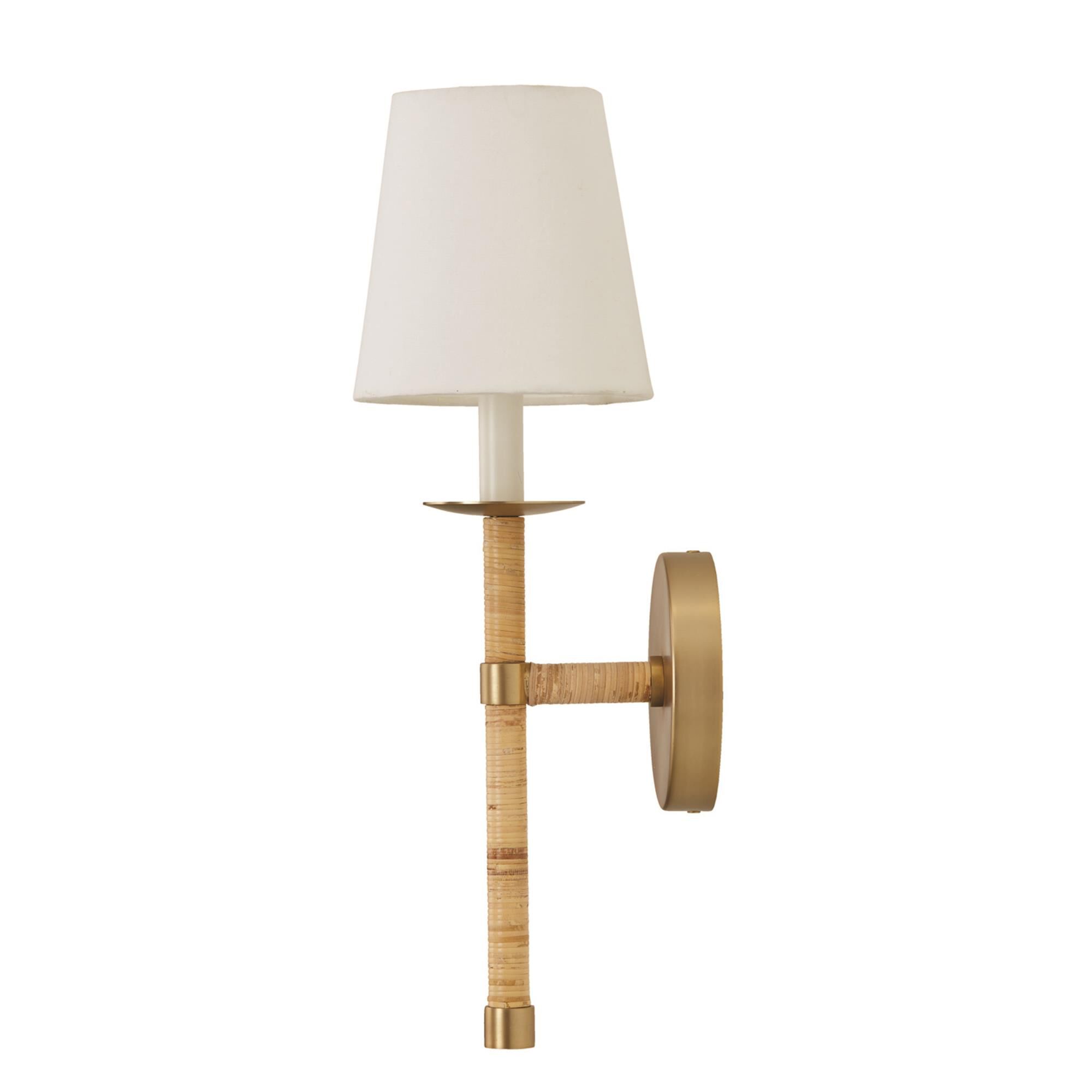 Shown in Matte Brass finish and White Fabric Stay-Straight shade