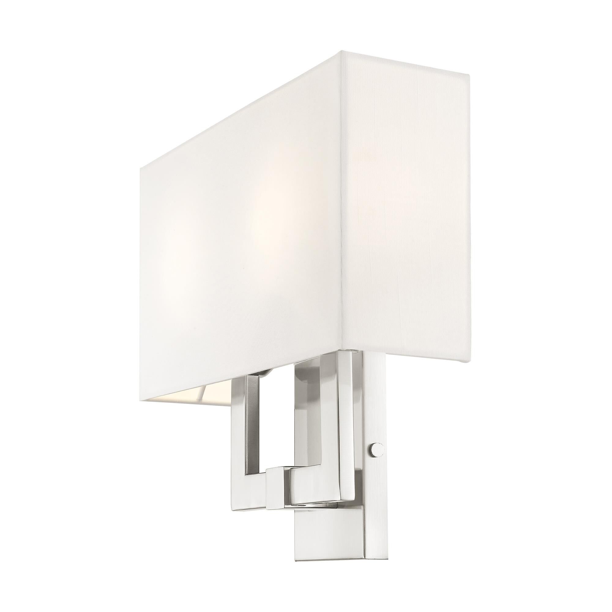 Shown in Brushed Nickel finish and Hand Crafted Off White Fabric Hardback shade