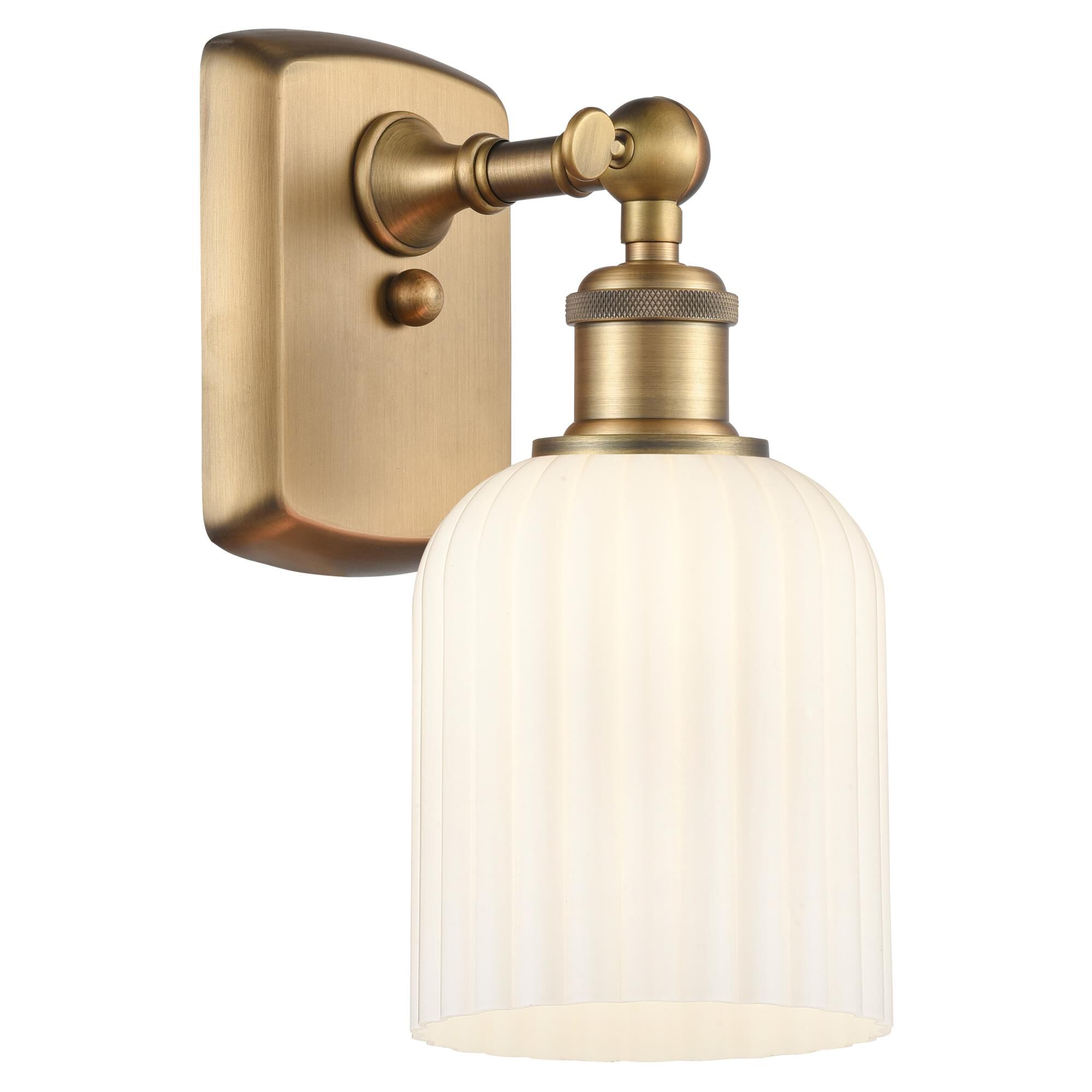 Shown in Brushed Brass finish and Gloss White shade