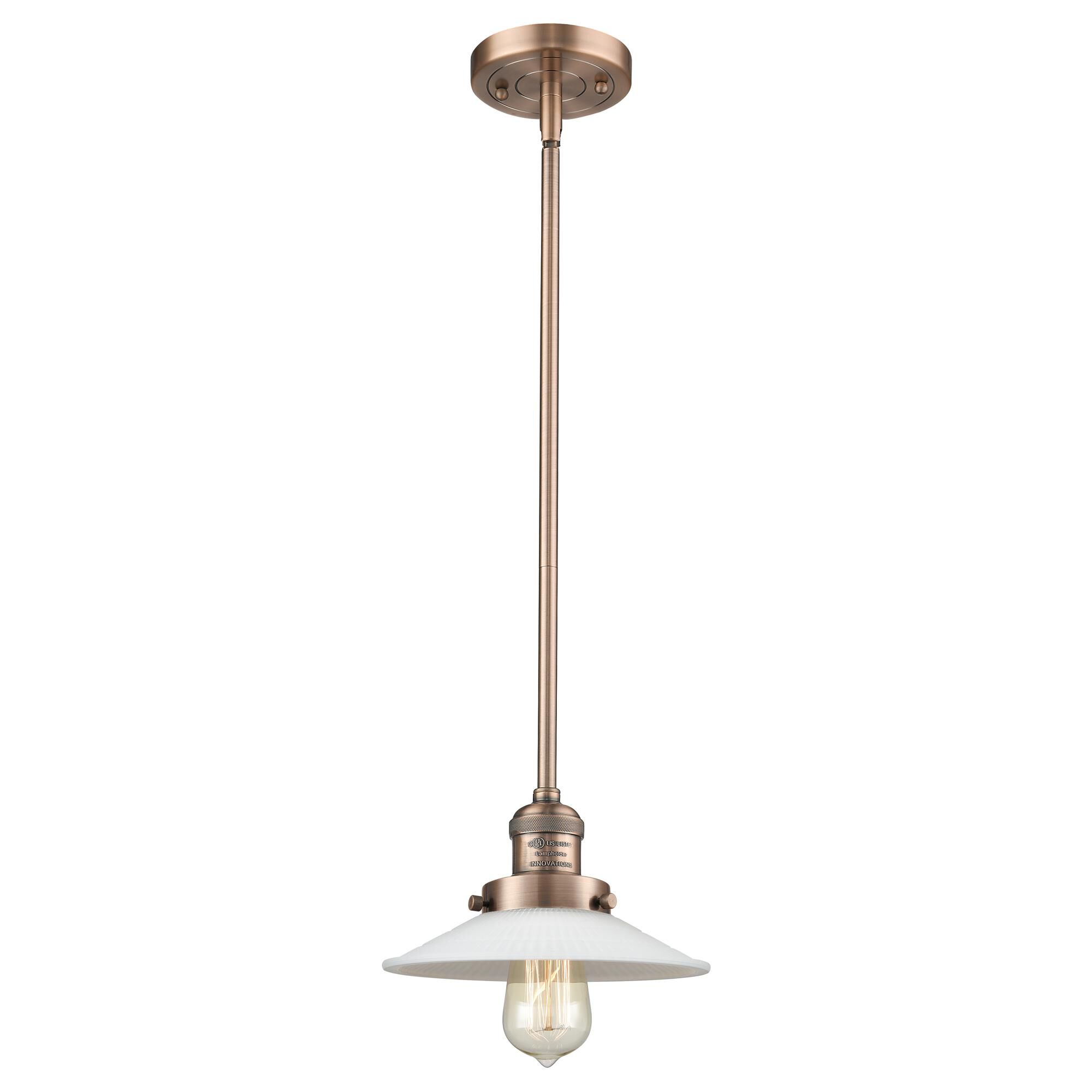 Shown in Antique Copper finish and Matte White Halophane - Cone glass