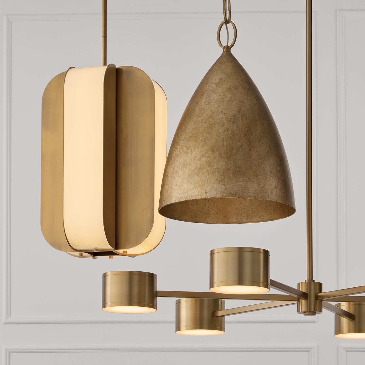 Shown in Feathered Gold finish and Textured Metal shade