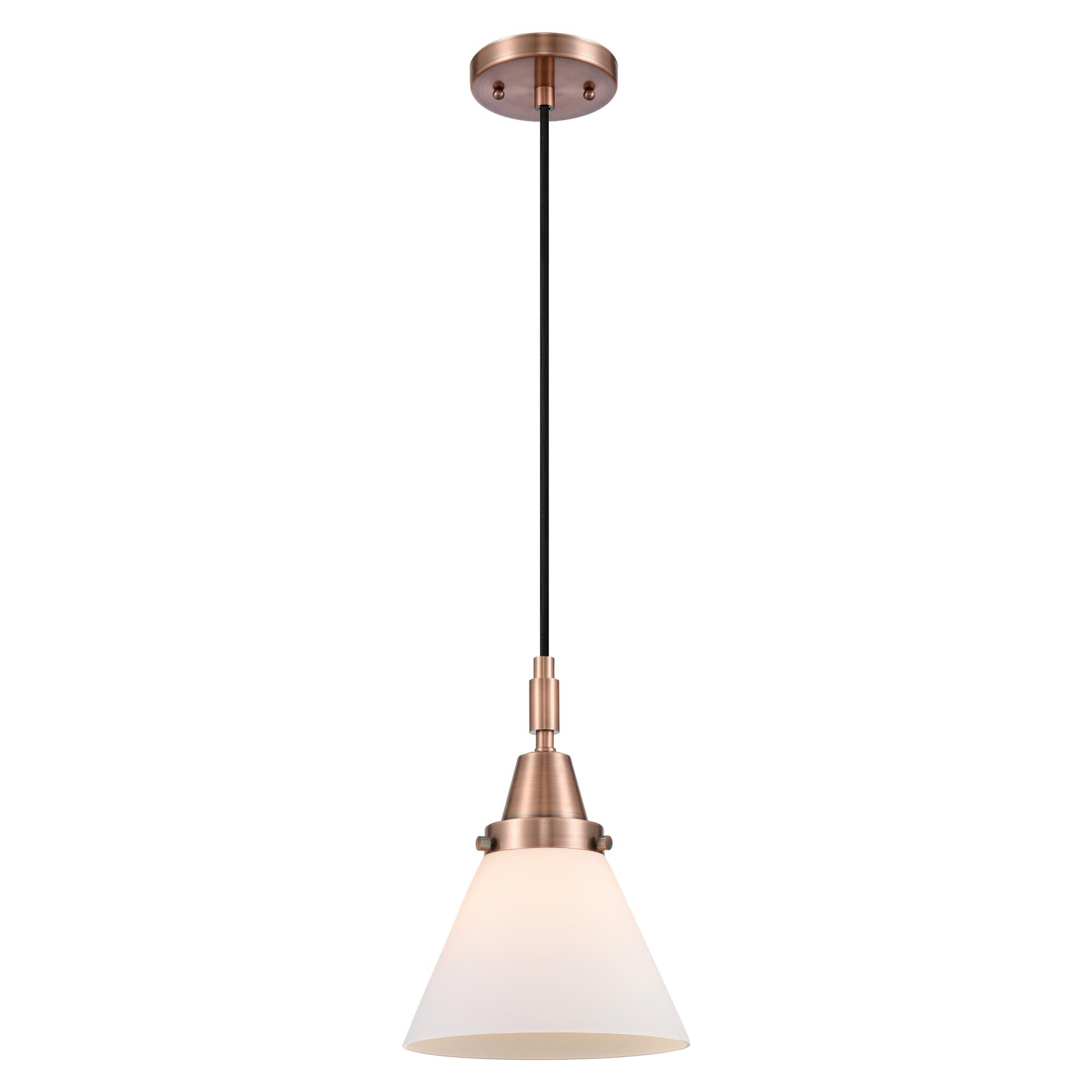 Shown in Antique Copper finish and Matte White glass