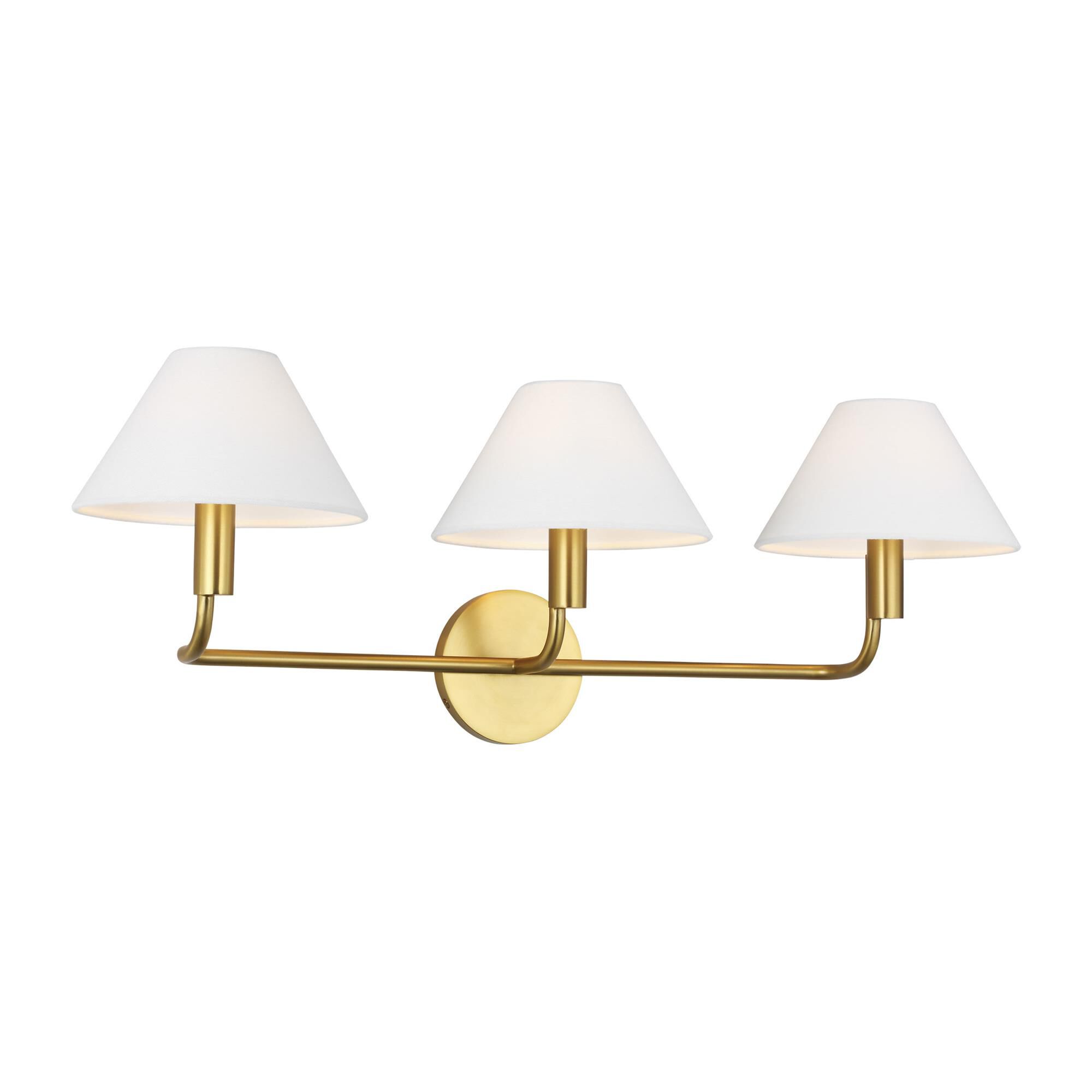 Shown in Burnished Brass finish and White Linen shade