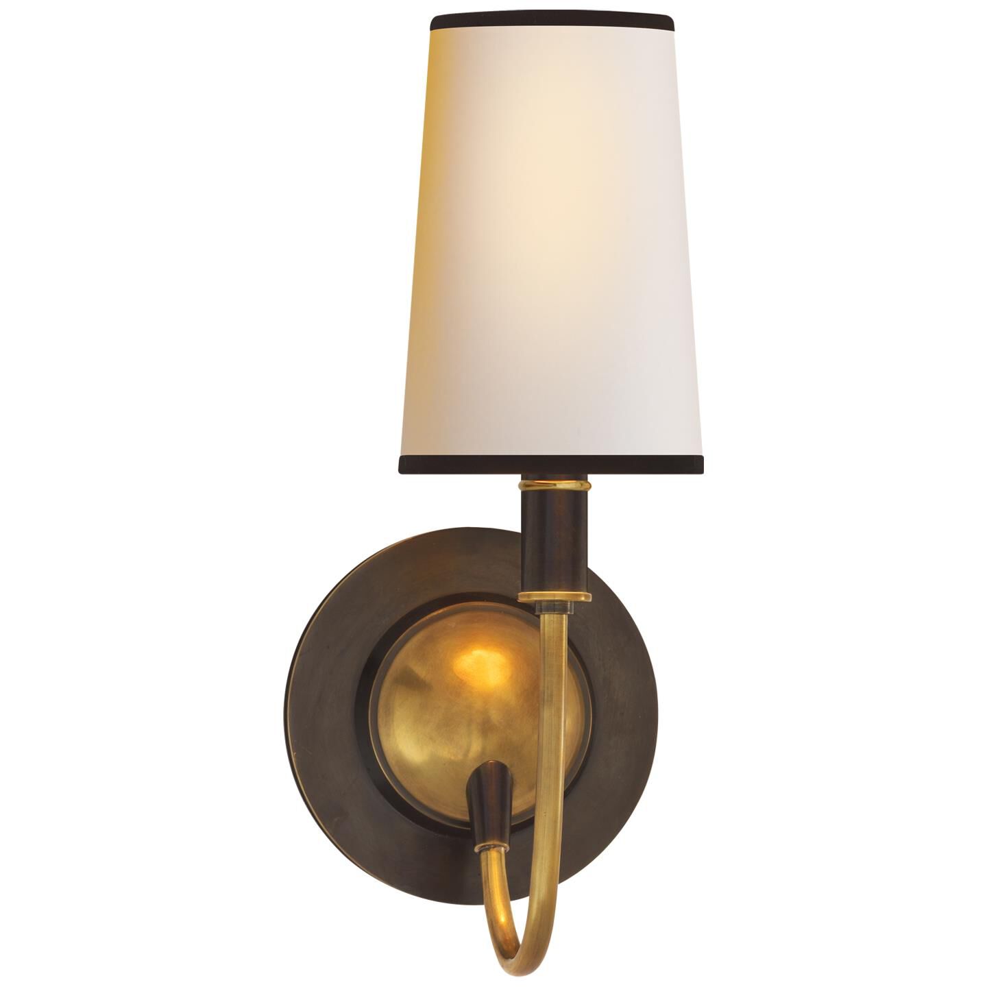 Shown in Bronze With Antique Brass finish and Natural Paper With Black Trim shade