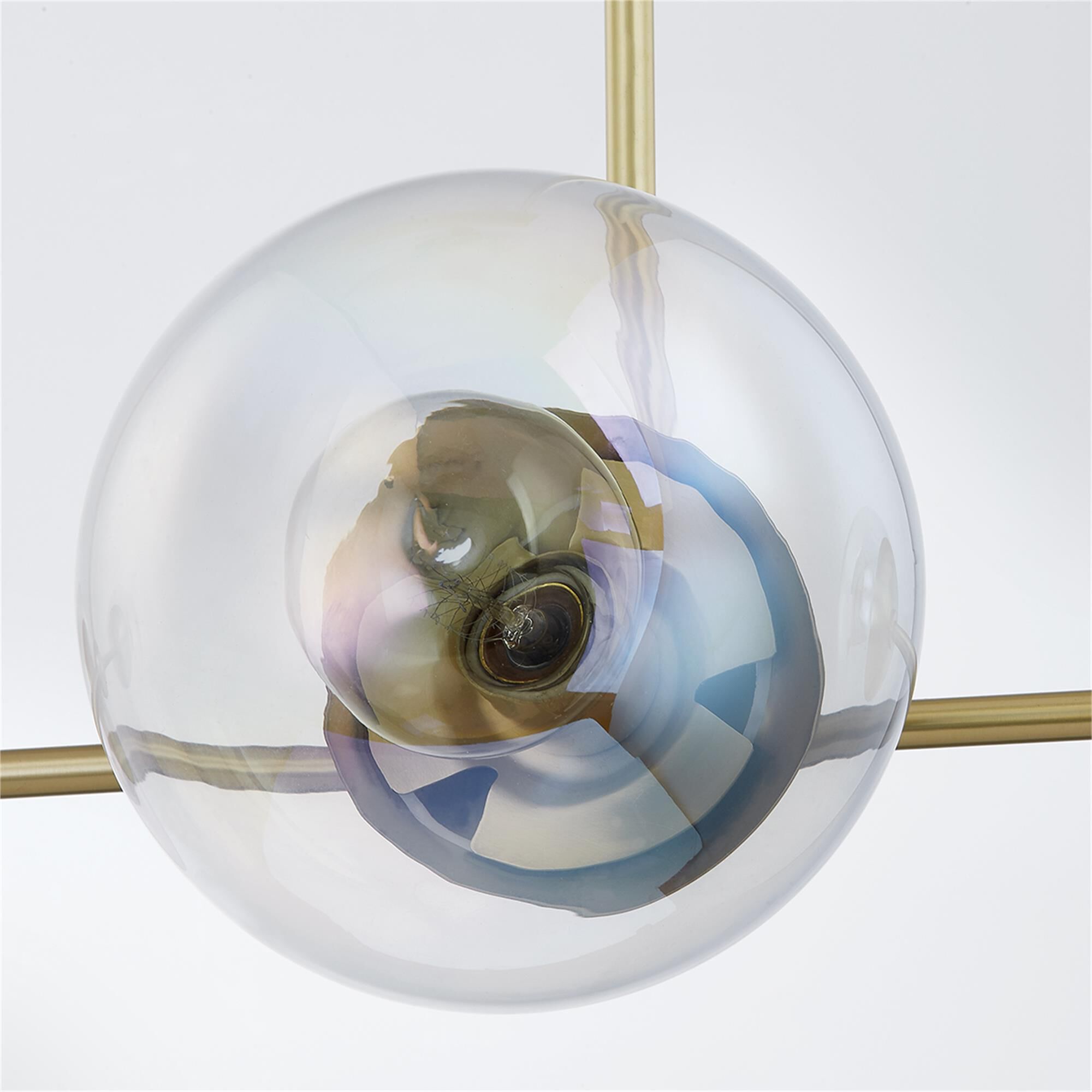Shown in Aged Brass finish and Clear Plated Iridescent glass