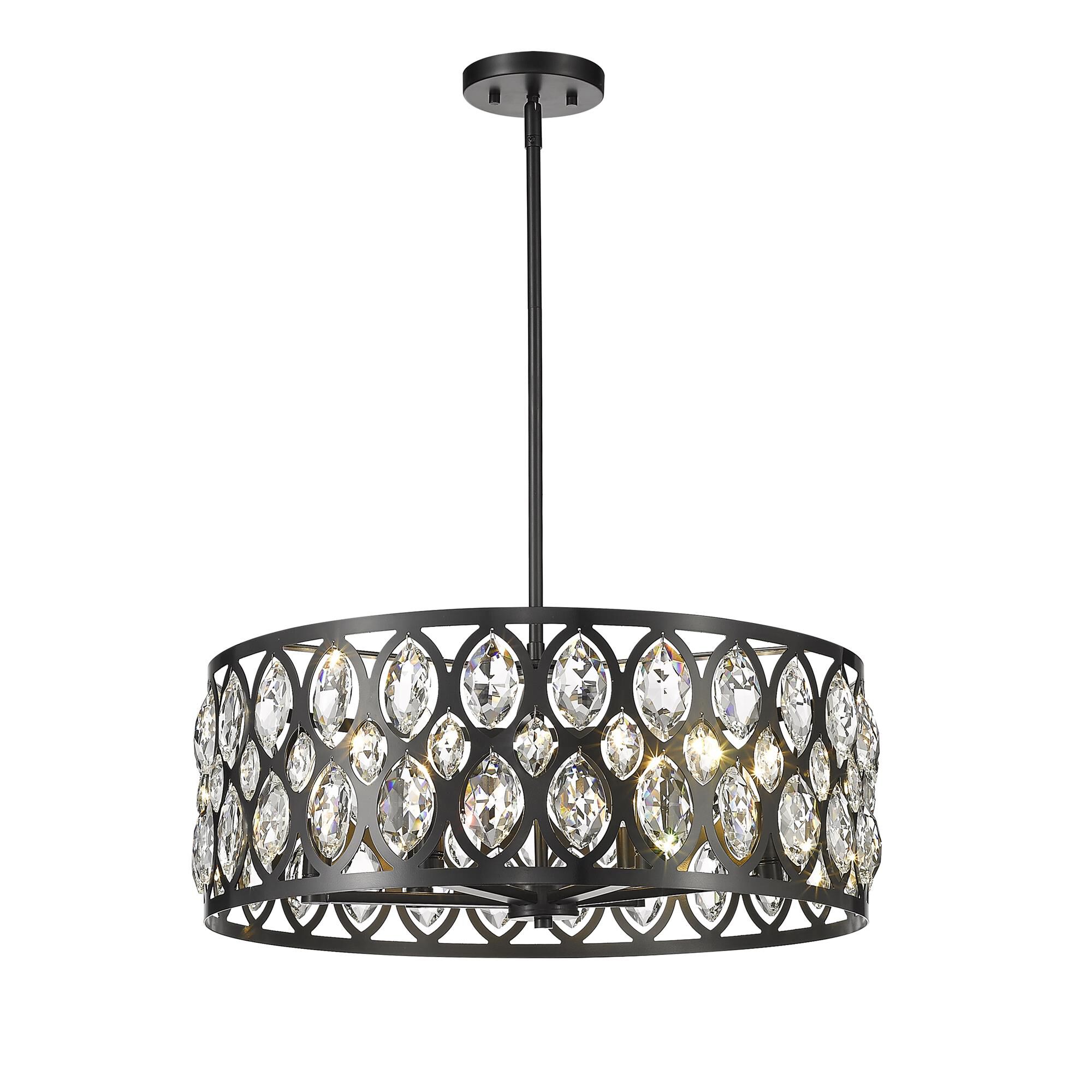 Shown in Matte Black finish and Steel + K9 Crystal glass and Steel + K9 Crystal shade