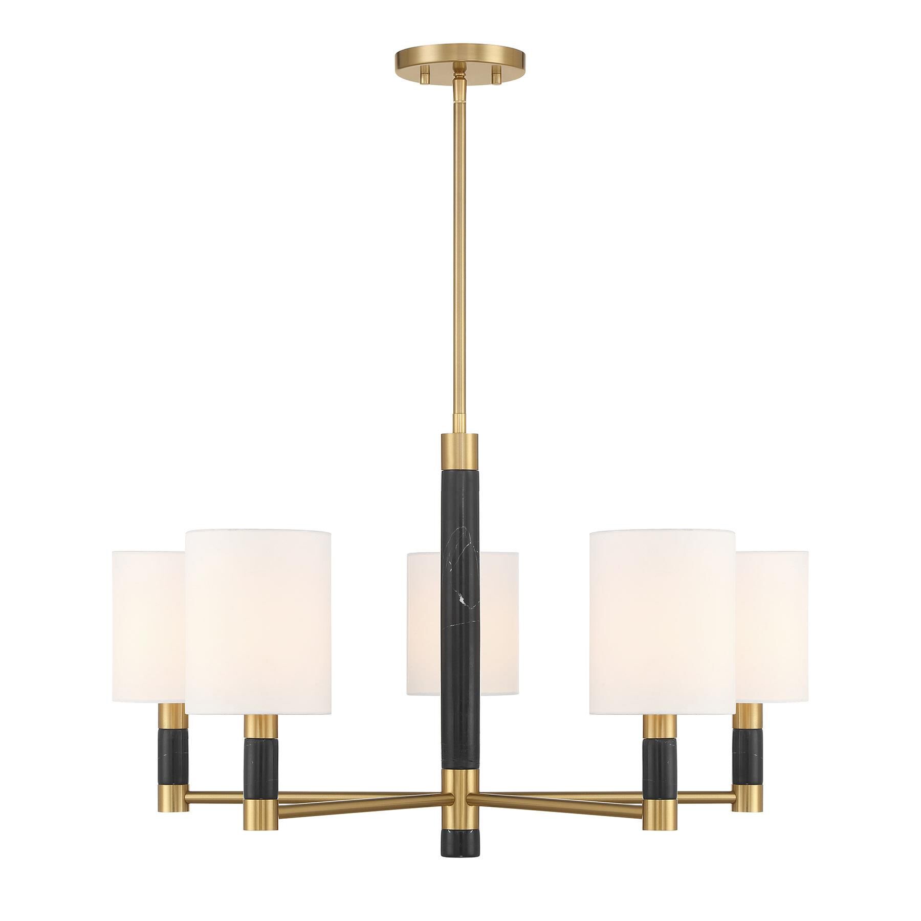 Shown in Warm Brass finish and White Fabric shade and Black Marble accent
