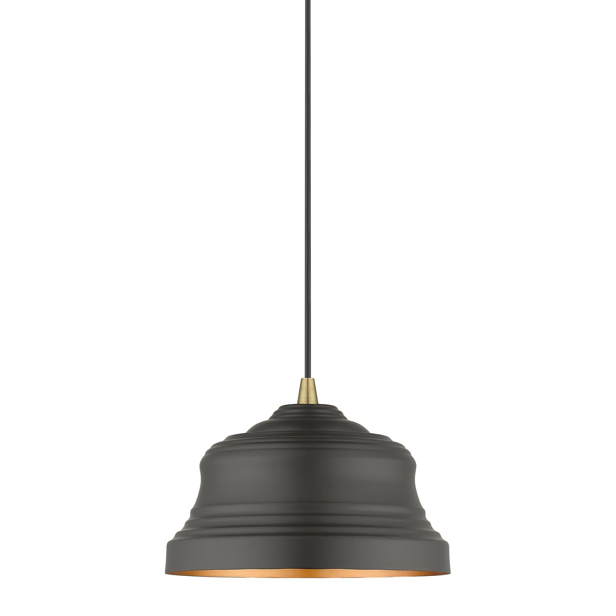 Shown in Bronze with Antique Brass Accents finish and Bronze Steel with Gold Finish Inside shade