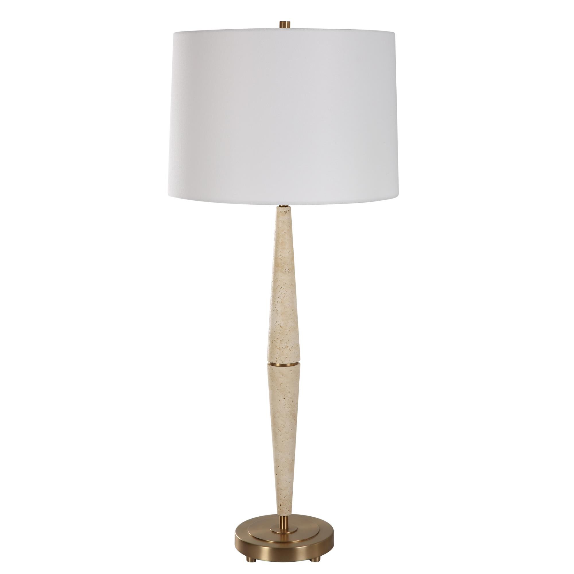 Shown in This Table Lamp Combines Modern Silhouette With Organic Textures And Materials Featuring Two Cone Sh finish and Round Hardback shade
