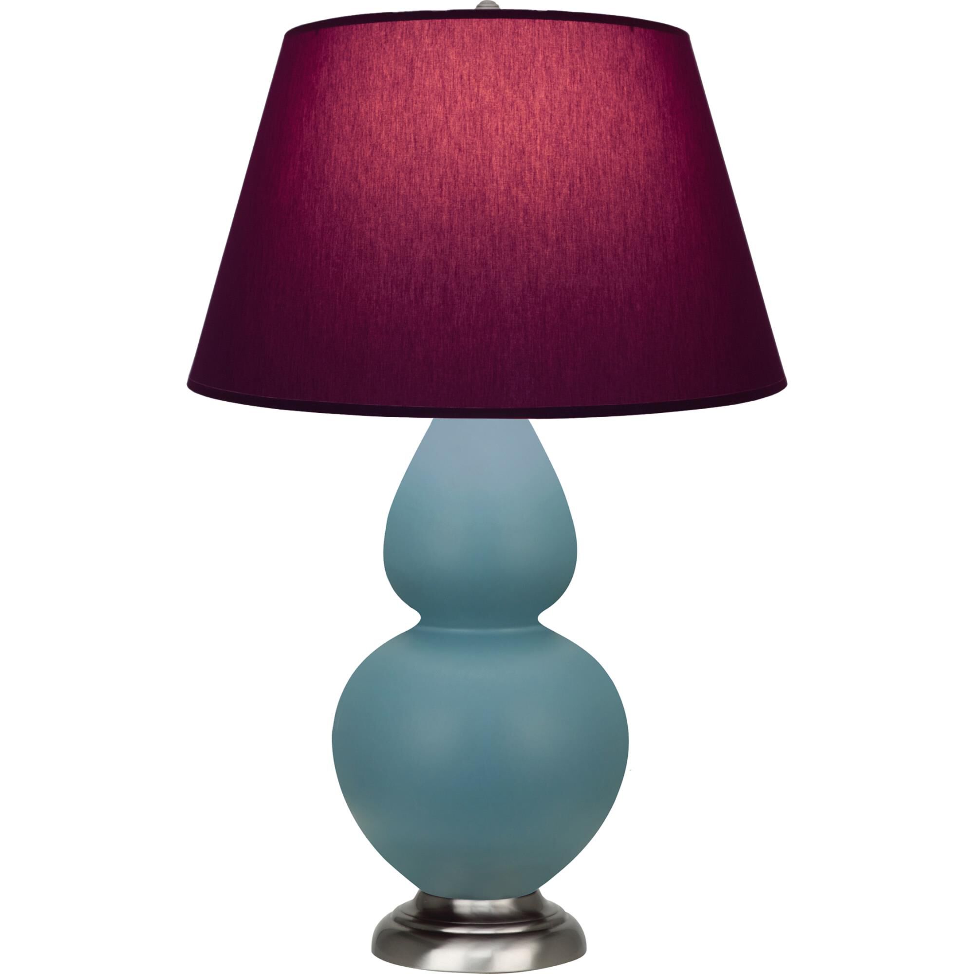 Shown in Matte Steel Blue finish and Plum and Lavender shade and Antique Silver accent