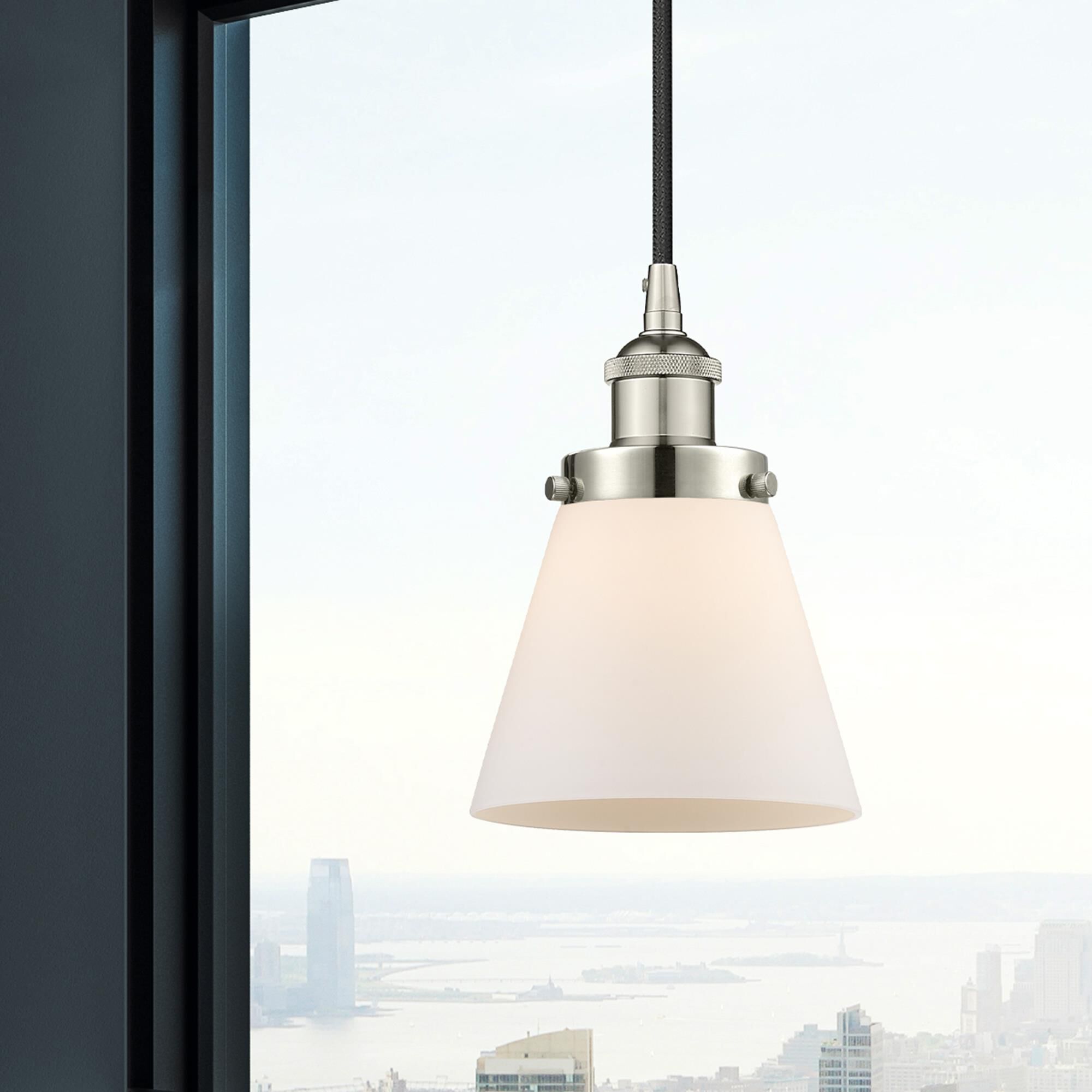 Shown in Polished Nickel finish and Matte White Cased Small Cone glass
