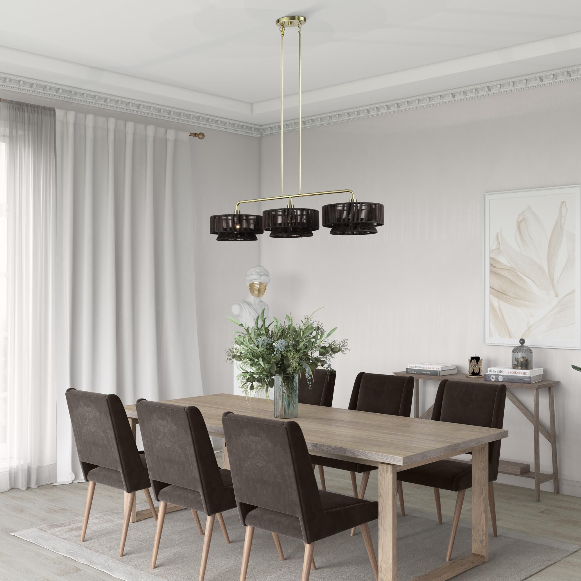 Shown in Antique Brass finish and Hand-Woven Dark Chocolate Color Polyester Rope shade