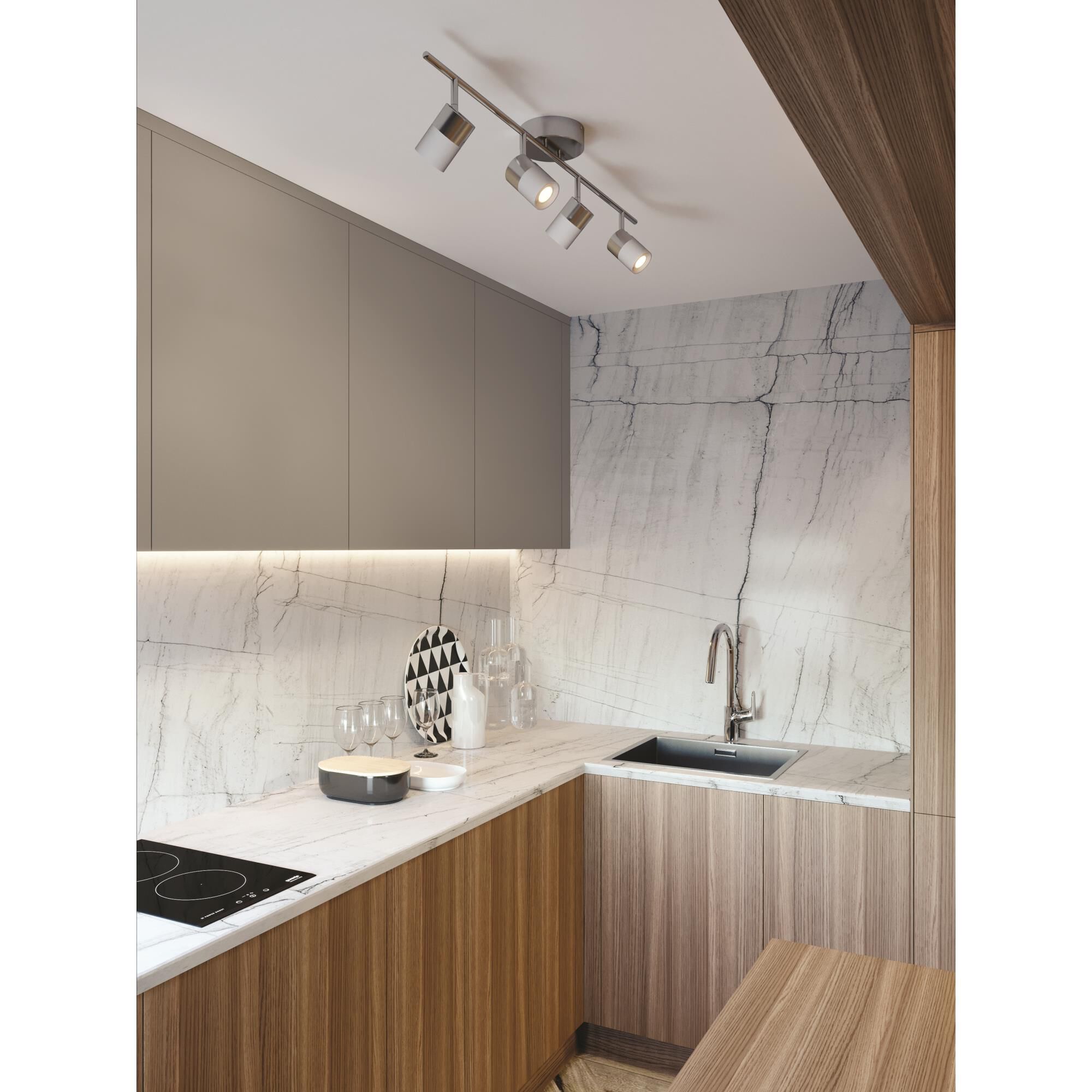 Shown in Satin Nickel, White finish and Frosted Clear glass and No Accent accent